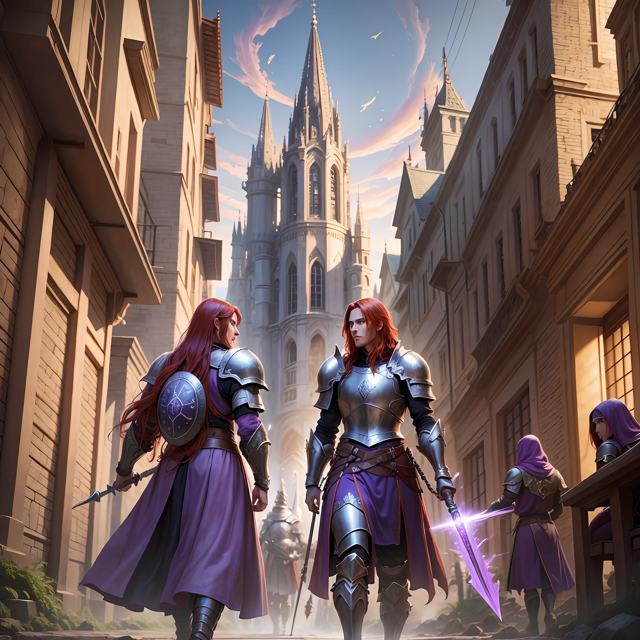 Red hair, purple armor, light bearer warriors, medieval city, dark, battle, epic, war, Surrealism, 8k, super detail