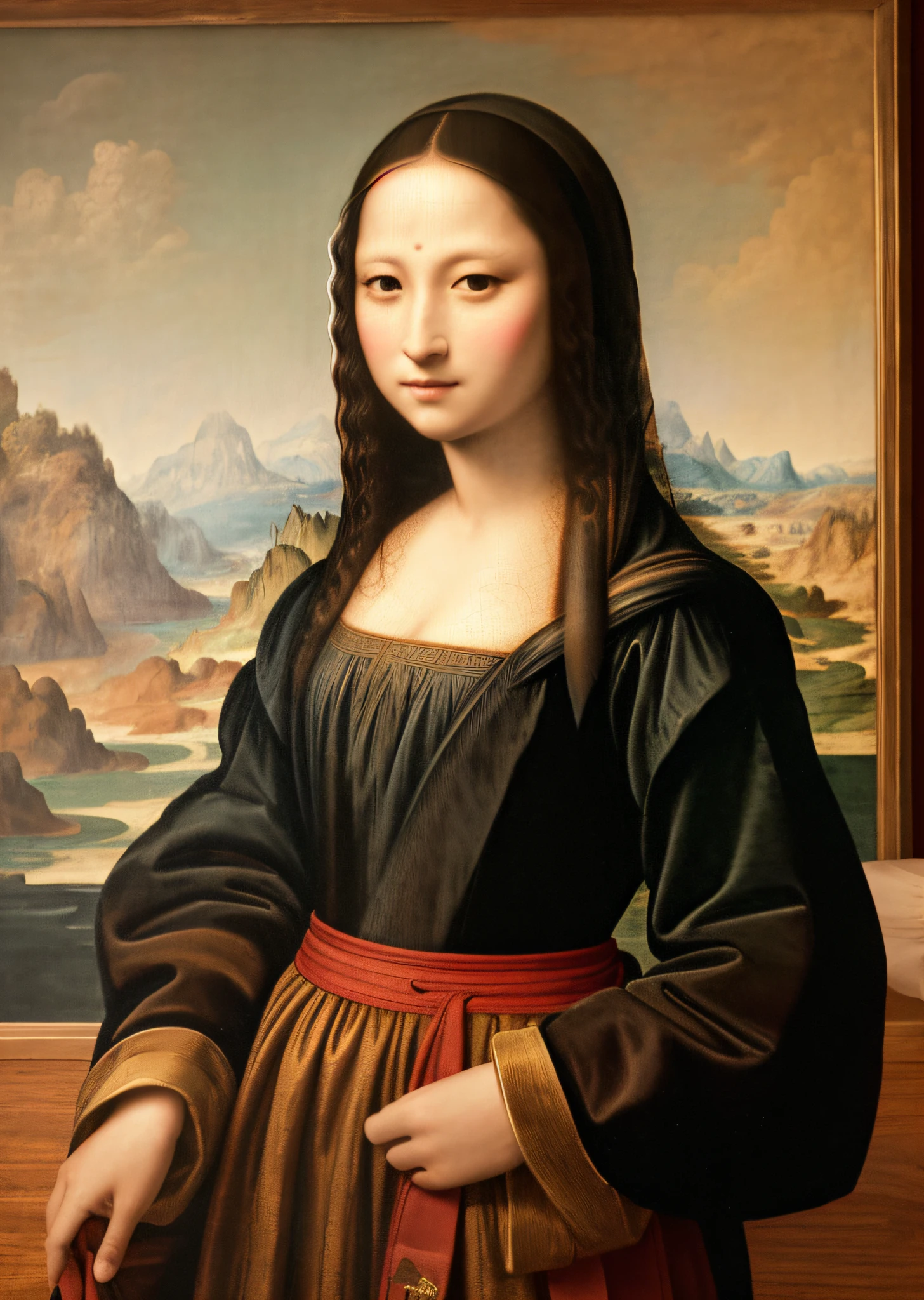 Mona Lisa dressed in Chinese peasant costume, gentle expression, full body portrait, shoes, catwalk, masterpiece, highest quality, high quality, highly detailed CG unit 8k wallpaper, award winning photo, bokeh, depth of field, HDR, flood, chromatic aberration, realistic, very detailed, art station trend, CGsociety trend, complex, high detail, dramatic, midway art, volumetric lighting
