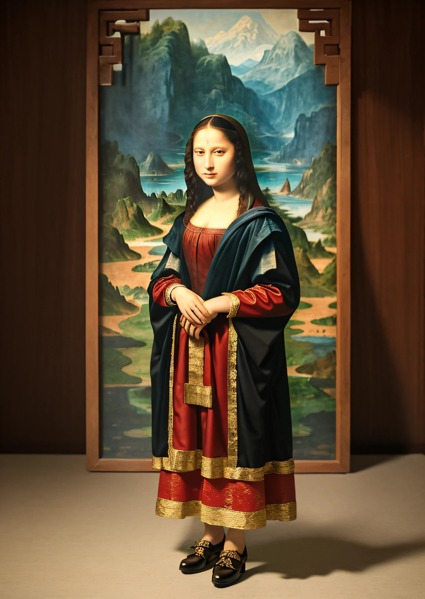 Mona Lisa dressed in Chinese peasant costume, gentle expression, full body portrait, shoes, catwalk, masterpiece, highest quality, high quality, highly detailed CG unit 8k wallpaper, award winning photo, bokeh, depth of field, HDR, flood, chromatic aberration, realistic, very detailed, art station trend, CGsociety trend, complex, high detail, dramatic, midway art, volumetric lighting