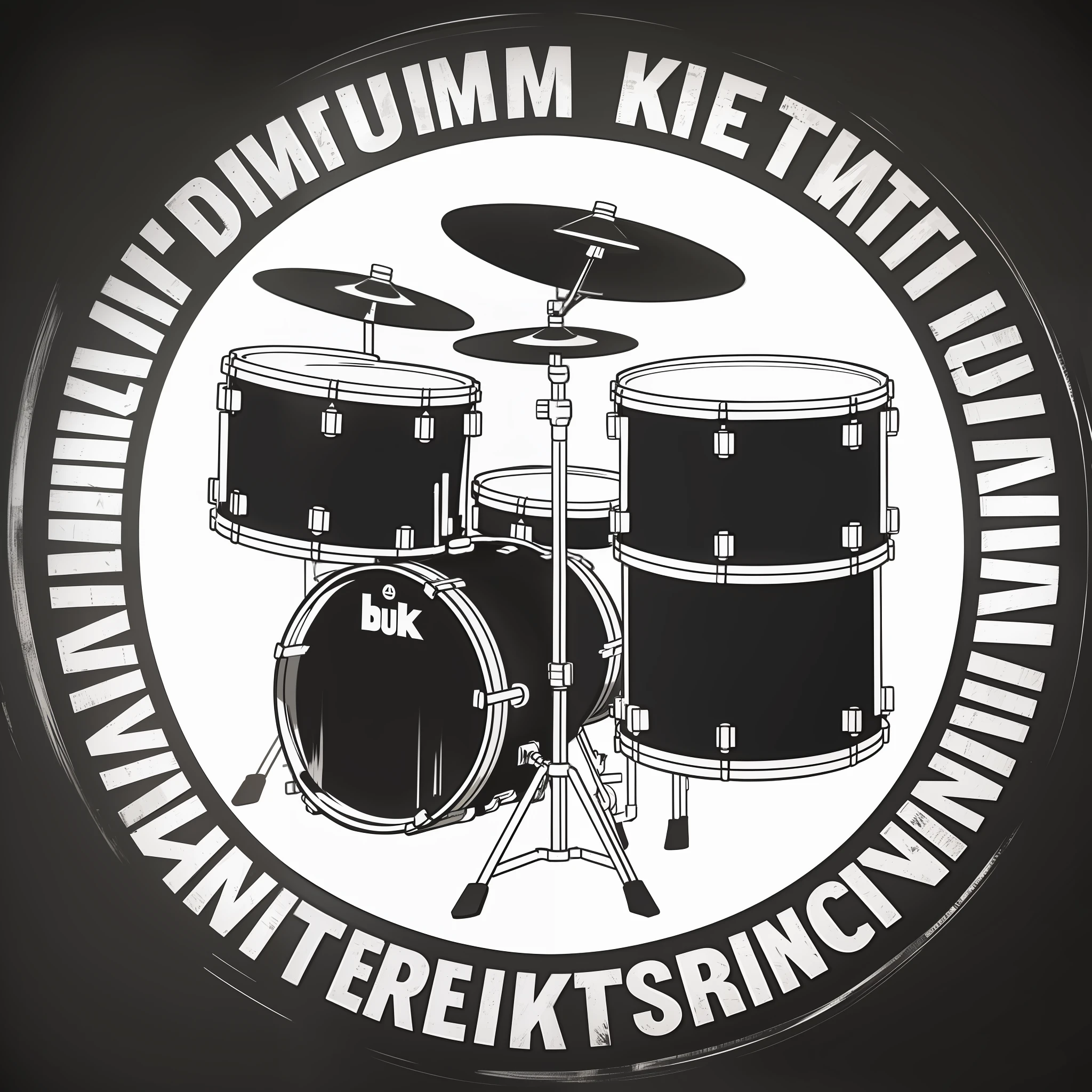 drum kit, vintage, logo, circular, black and white, sketch style, 8k, front photo