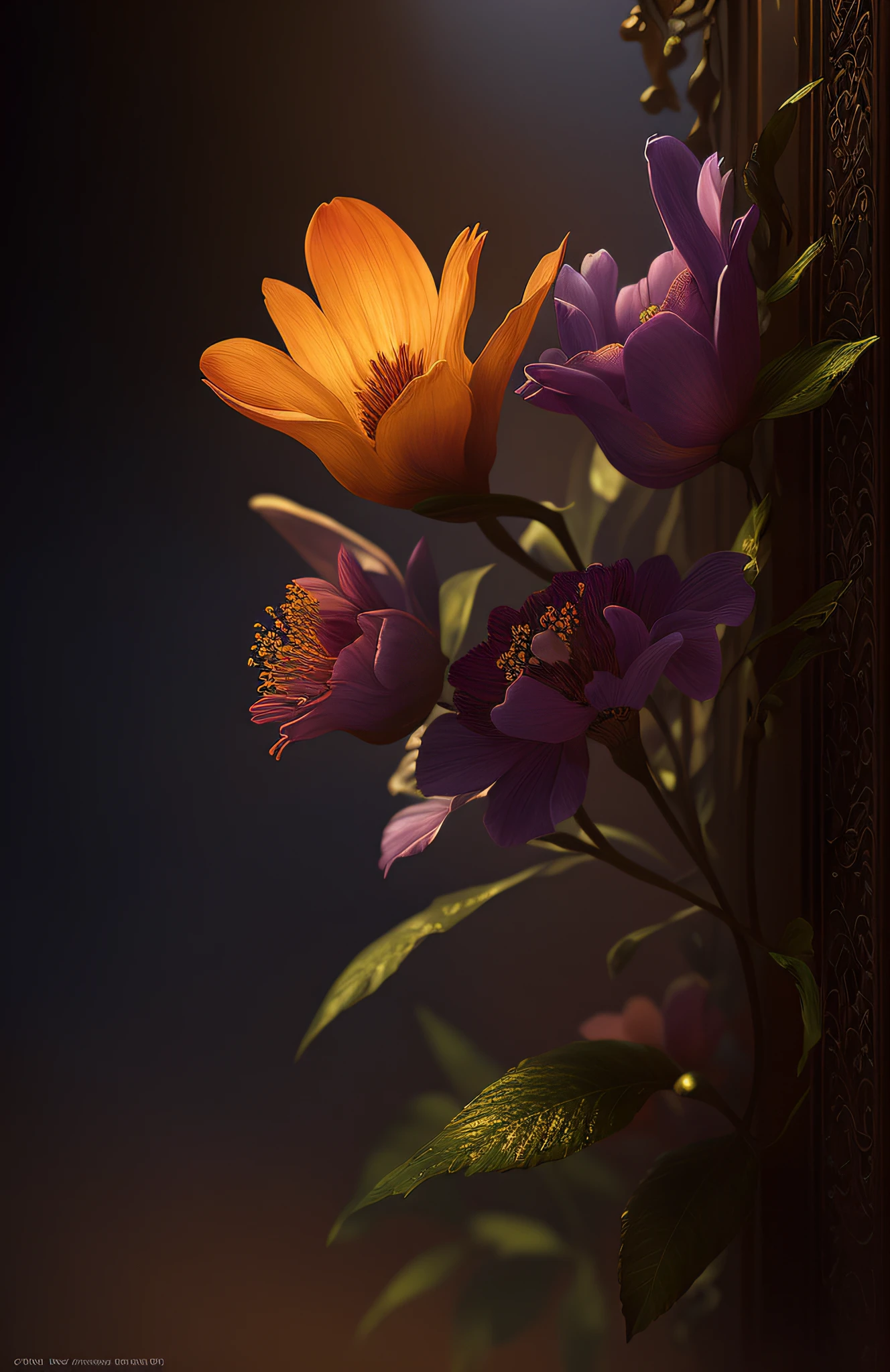 there are two flowers that are in a vase on the table, 🌺 cgsociety, glowing flowers, alexey egorov, soft light from the side, rendered in corona, low detailed. digital painting, rendered in povray, rendered in redshift, very detailed digital painting, beautiful digital painting, paul barson, highly detailed soft lighting, super detailed render