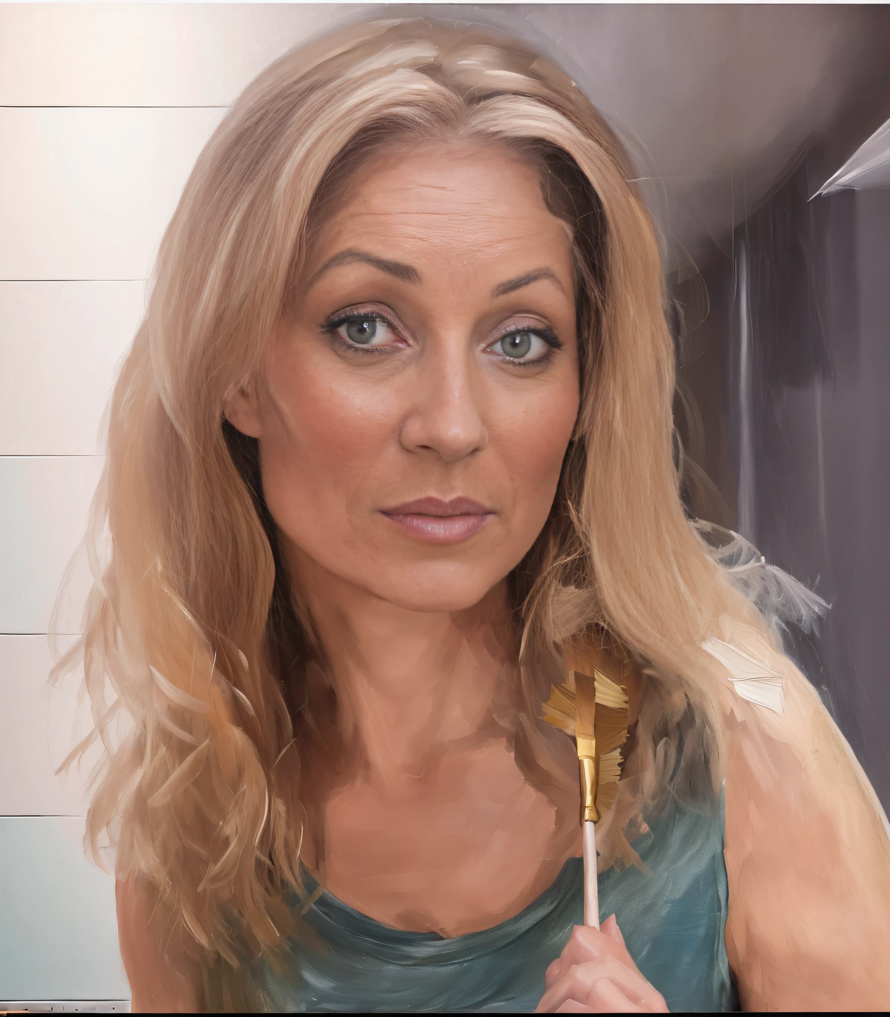 (oil painting) (Strong brushstrokes:1.3) Close-up portrait of a blonde woman posing in a dark studio, (edge lighting,:1.4) Two-tone lighting, teal, low light, low key, highly detailed, sharp, unreal, professional, 4K, maximum detail, sharp, high-detail, sharp, smooth, aesthetic, extremely detailed focus, 8K, UHD