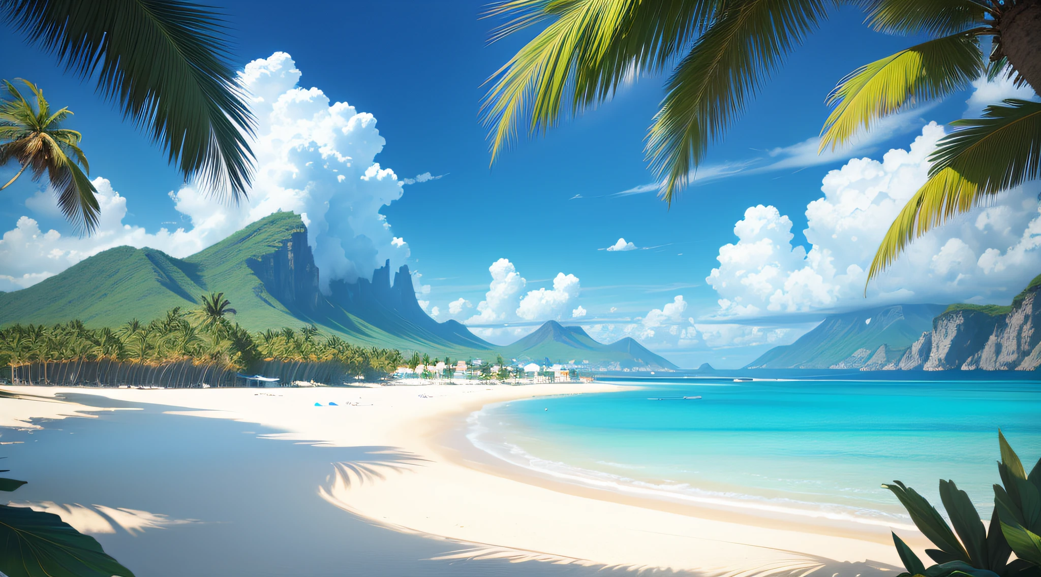 Summer, seaside, island, clear water, blue gradient water, transparent water, island, coconut palm, paradise, large clouds, blue sky, hot weather, HD detail, hyper-detail, cinematic, surrealism, soft light, deep field focus bokeh, distant snow mountains, ray tracing, and surrealism. --v 6