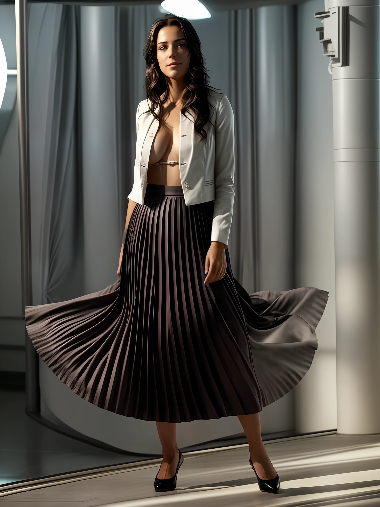 a therapist is dancing in her skirt (in a flirting manner:1.3) while in a space station, (shy) authentic (kind and tender) lesbian woman wearing a short blazer with a very very detailed (long (fully pleated) full circle skirt) and (simple) low heeled office shoes, very very intricate hyper-detailed symmetric (attractive graceful young feminine face) with (sad, tired) eyes and a (flirty smile), full of empathy and compassion and love, (pronounced feminine features:1,3), extremely freckled skin and very long dark hair, big boobs, large breasts, shirtless, topless, (highly detailed ultra accurate realistic) hands and fingers, ((windy conditions and wind blowing)), epic composition, highly detailed attributes, highly detailed atmosphere, detailed background, intricate, Exquisite details and textures, highly detailed, deep space station secret operations active background,