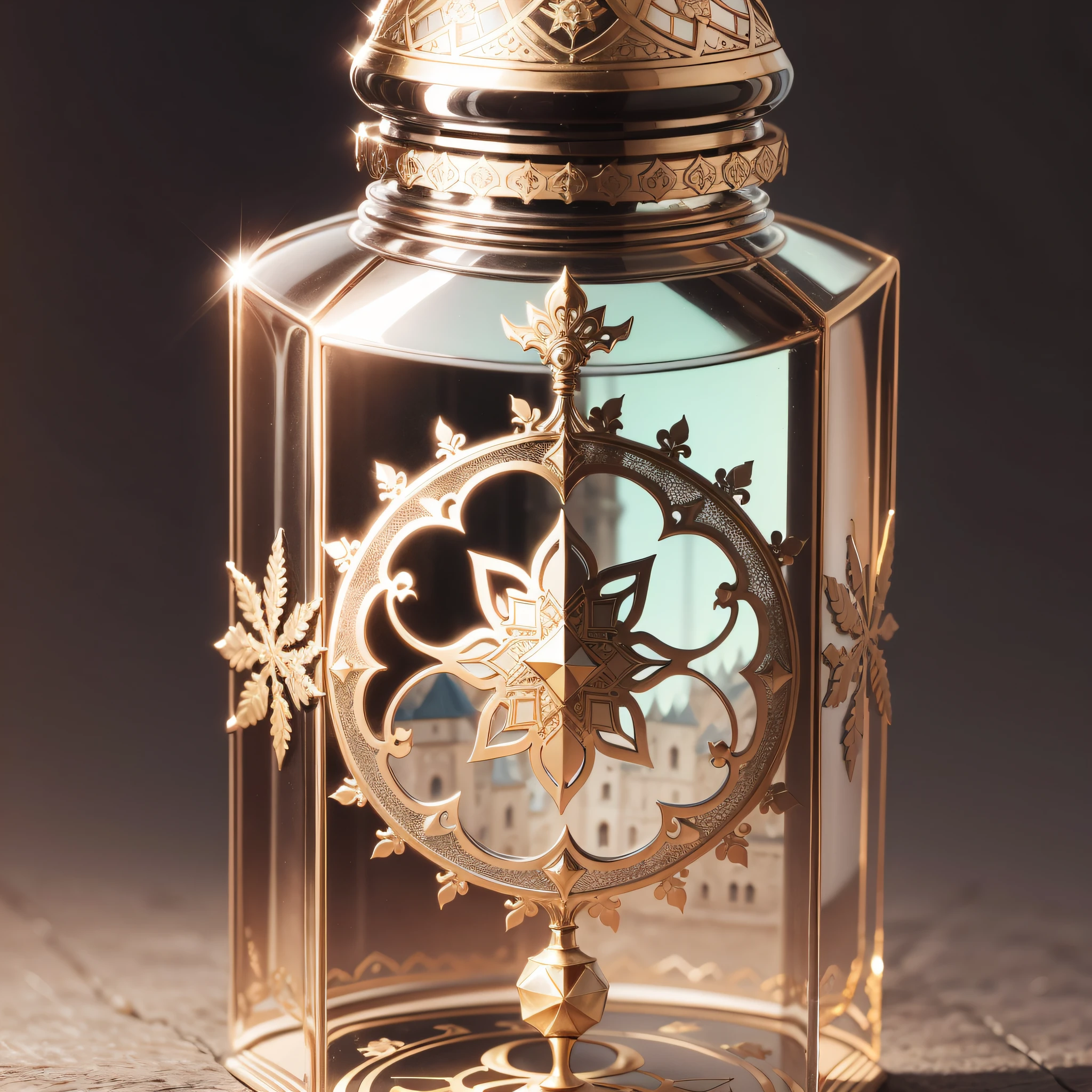 Design a perfume bottle, inspired by a medieval city. --auto --s2
