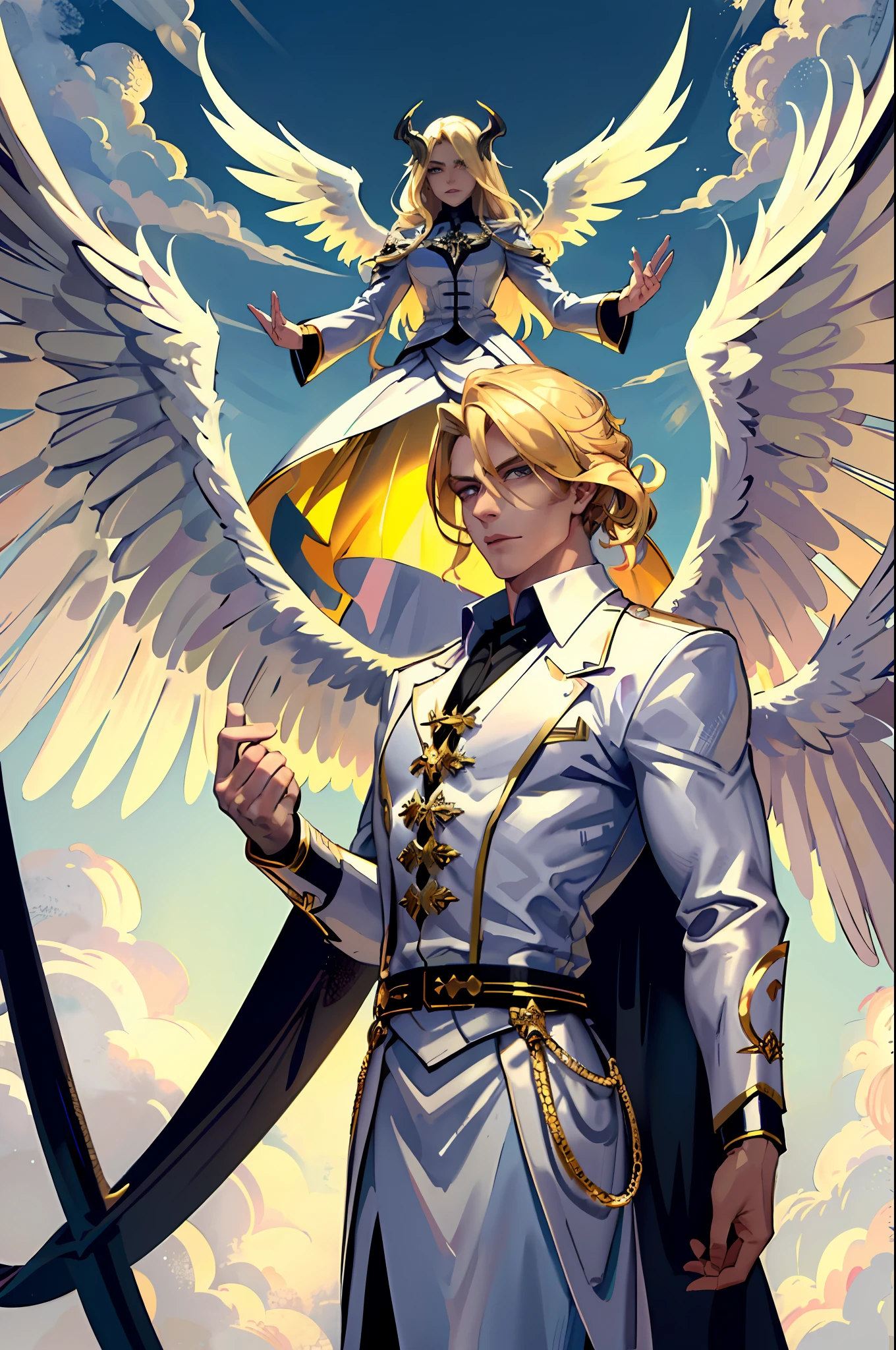 ((masterpiece, best quality)), 1guy, fallen angel Lucifer, very handsome, blonde and medium hair, thin, huge and beautiful wings on the back, in white clothes, evil expression, looking at the viewer, golden clouds in the background