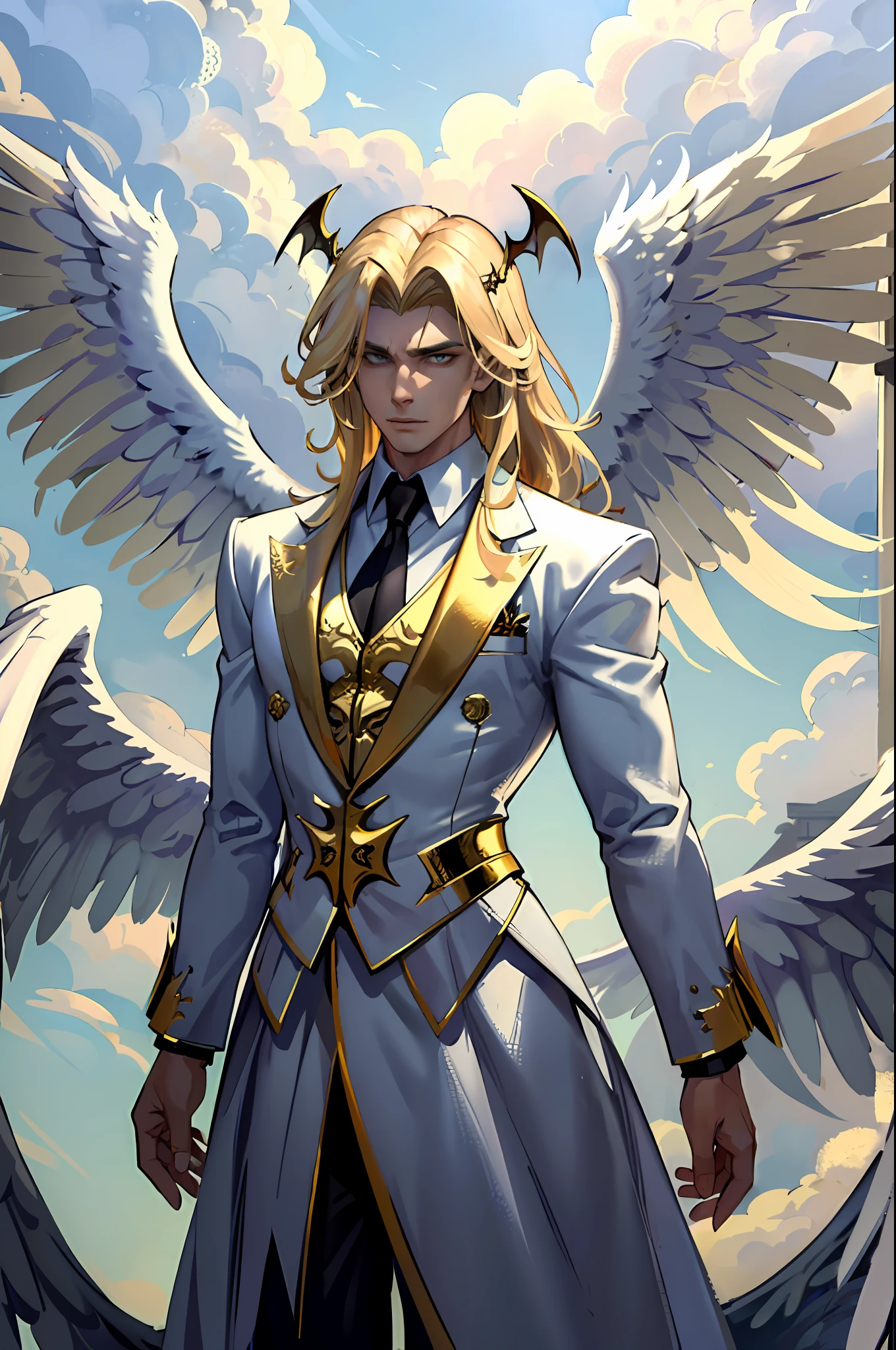 ((masterpiece, best quality)), 1guy, fallen angel Lucifer, very handsome, blonde and medium hair, thin, huge and beautiful wings on the back, in white clothes, evil expression, looking at the viewer, golden clouds in the background