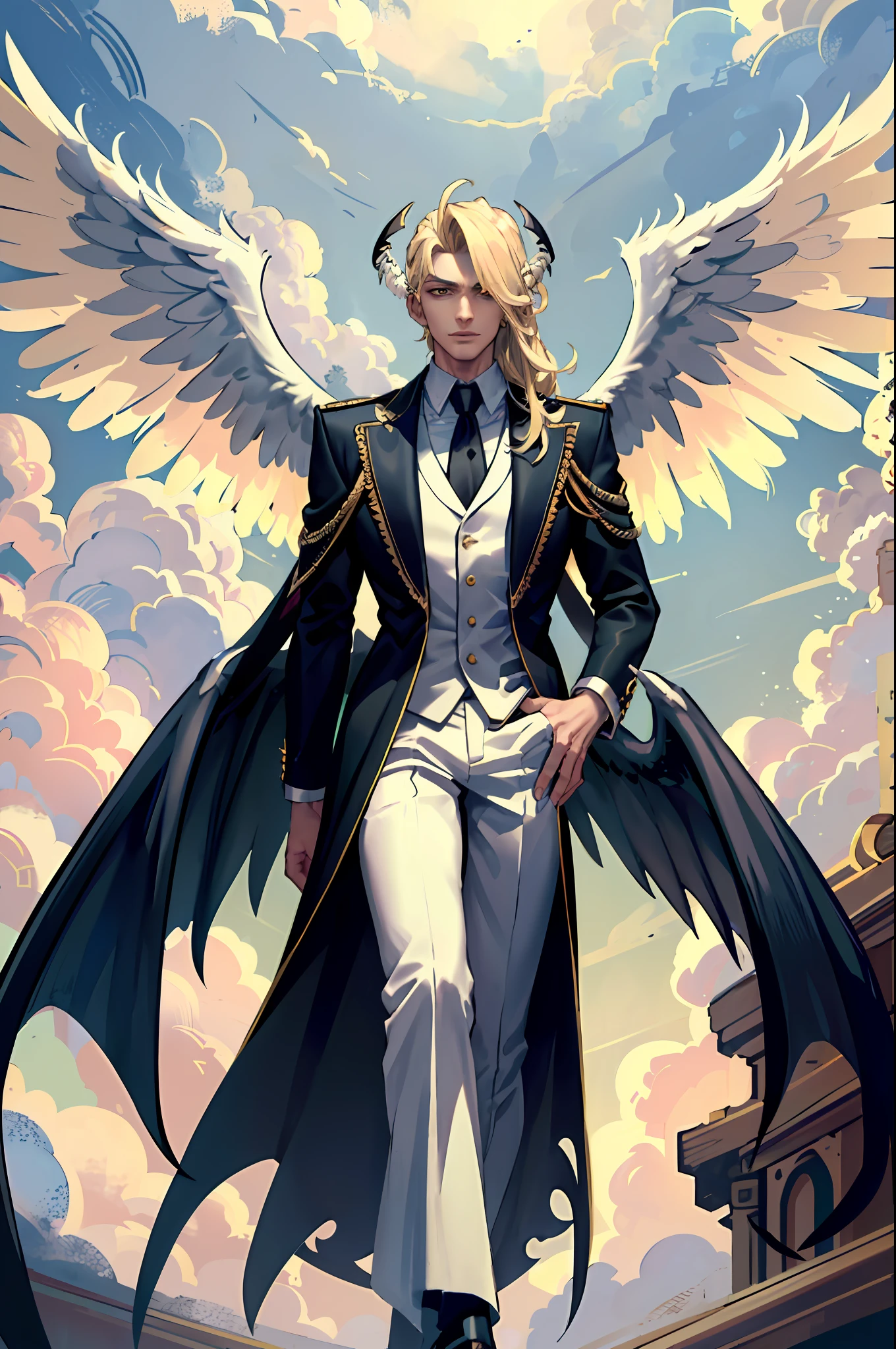 ((masterpiece, best quality)), 1guy, fallen angel Lucifer, very handsome, blonde and medium hair, thin, huge and beautiful wings on the back, in white clothes, evil expression, looking at the viewer, golden clouds in the background