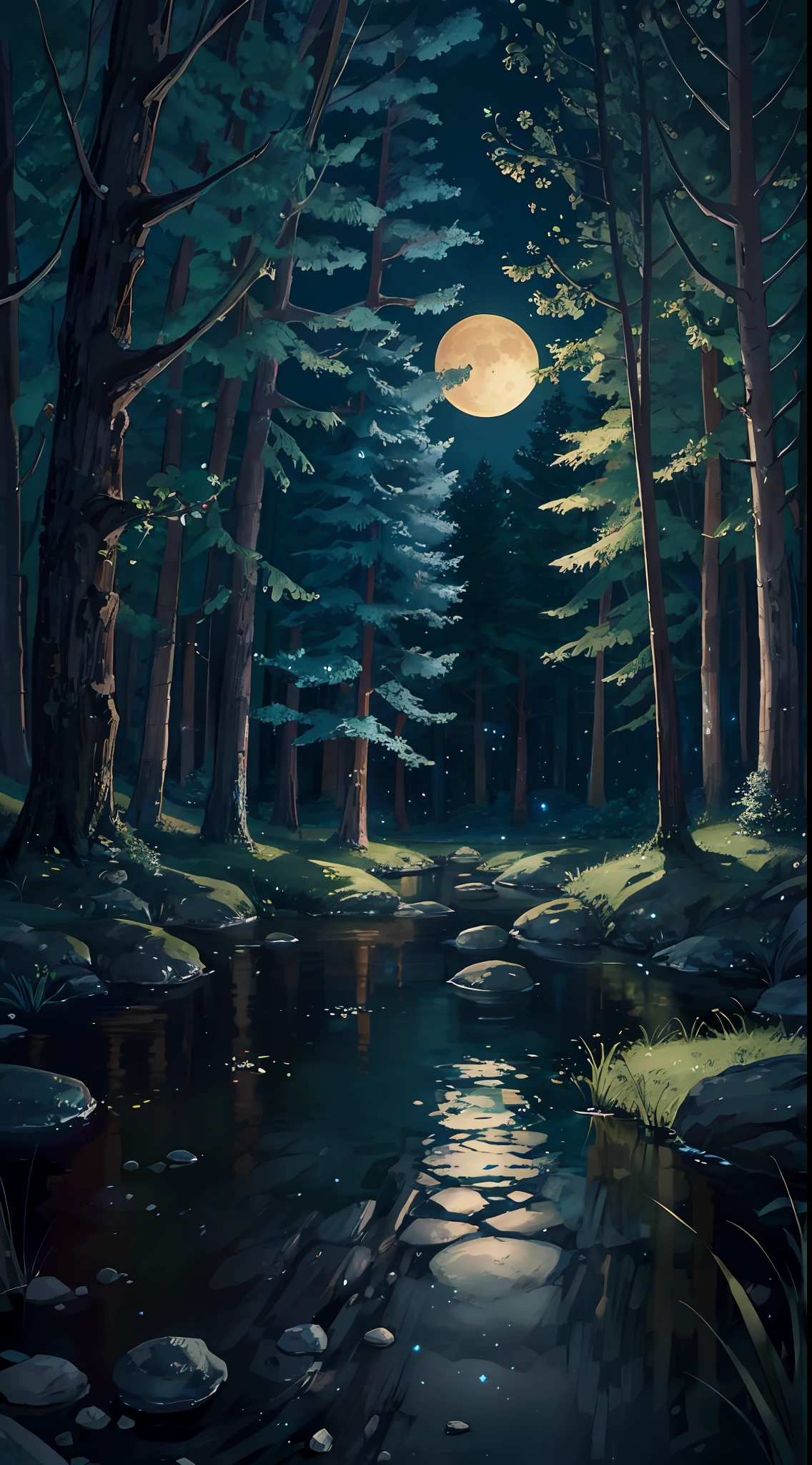 (best quality)), (no people photos), dark night, fireflies, wide night sky, super large moon, in the forest, quiet river, lots of wildflowers, streams, stones, moss, new sea city style, (best quality), 4k, ultra-detailed, (dynamic composition: 1.4), very detailed, colorful details, (iridescent colors: 1.2), (luminous lighting, atmospheric lighting), dreamy, magical, (solo: 1.2),