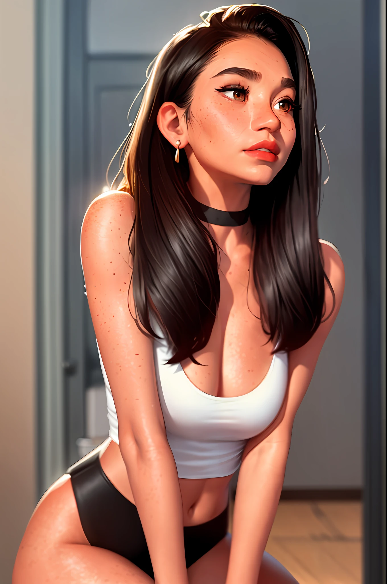 full body, sam yang,
1girl, backlighting, bare shoulders, white choker, blurry, blurry background, blush, breasts, choker, cleavage, closed mouth, collarbone, earrings, forehead, freckles, hair over shoulder, jewelry, long hair, looking down, pointy nose, red lips, shadow, solo, thick eyebrows, thick eyelashes, full body, ((masterpiece))