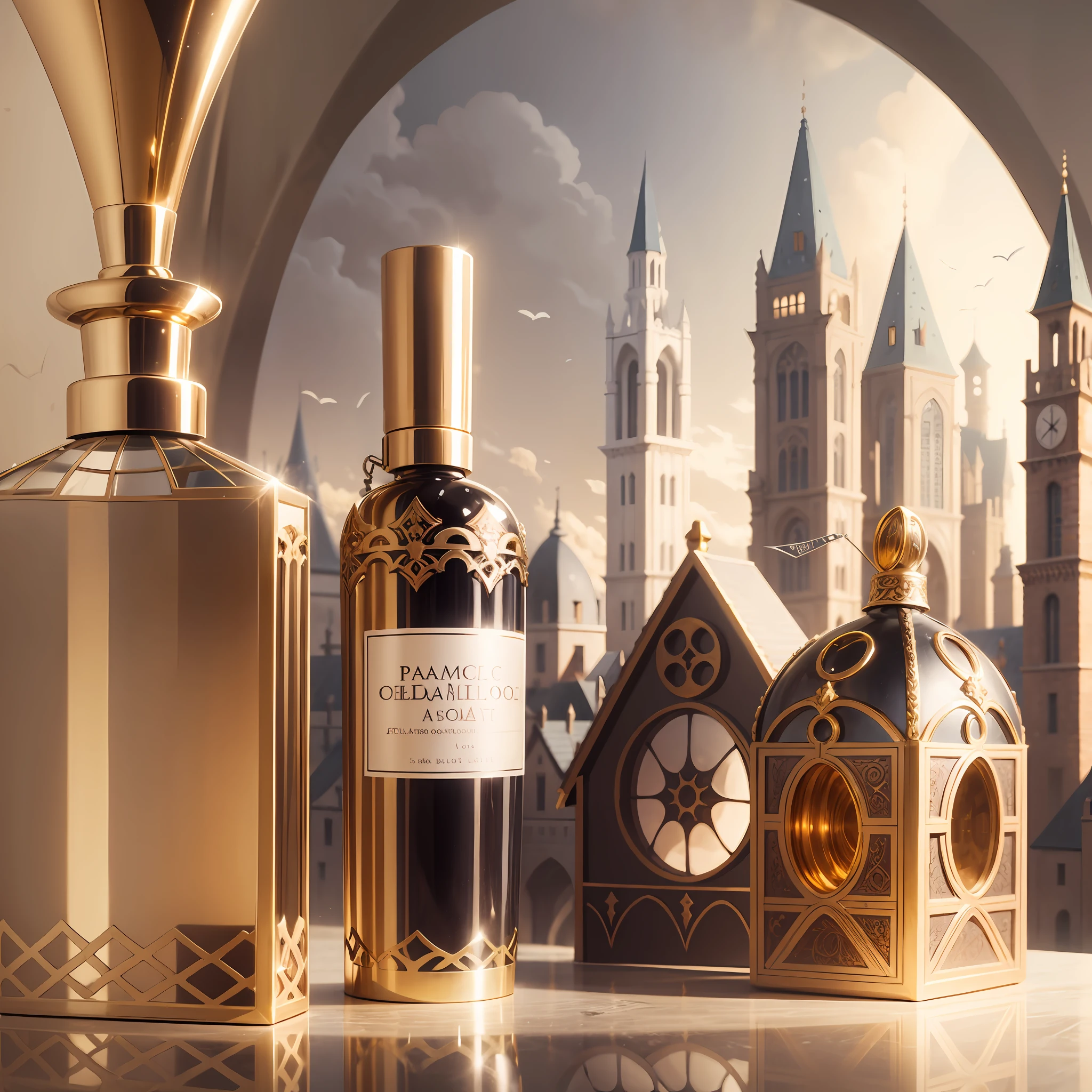 Design a perfume bottle, inspired by a medieval city. --auto --s2