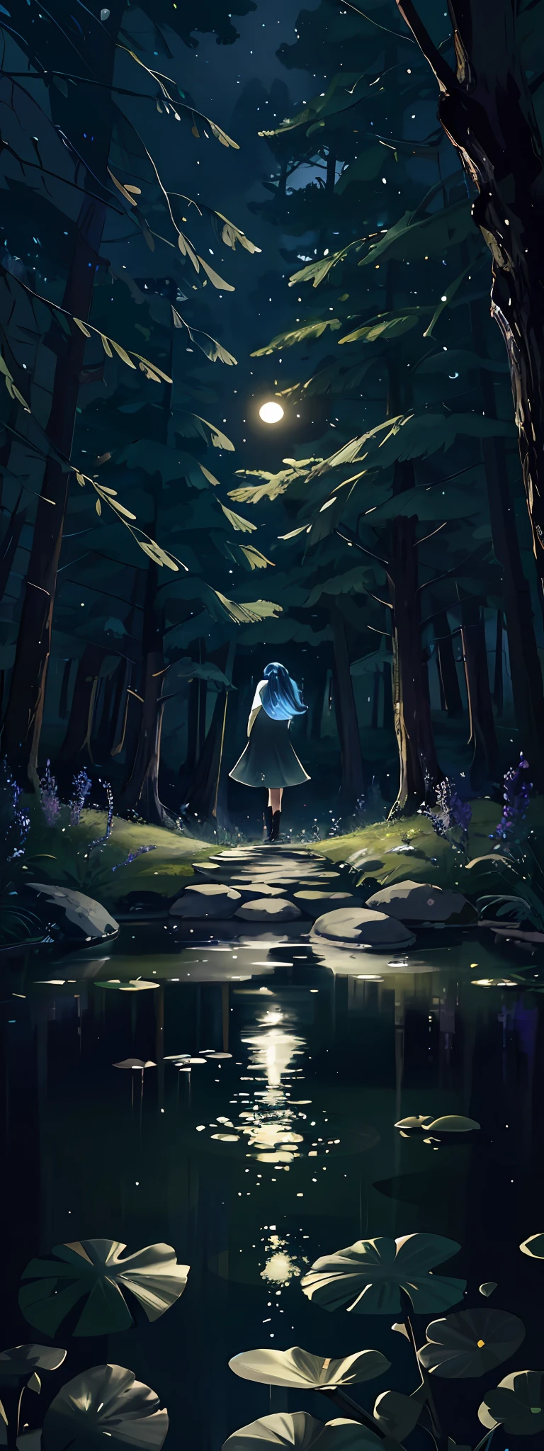 (best quality)), (no people photos), dark night, fireflies, vast night sky, moon, in the forest, frogs, quiet ponds, lots of wildflowers, streams, stones, moss, (best quality), 4k, ultra-detailed, (dynamic composition: 1.4), very detailed, colorful details, (iridescent colors: 1.2), (luminous lighting, atmospheric lighting), dreamy, magical, (solo: 1.2),
