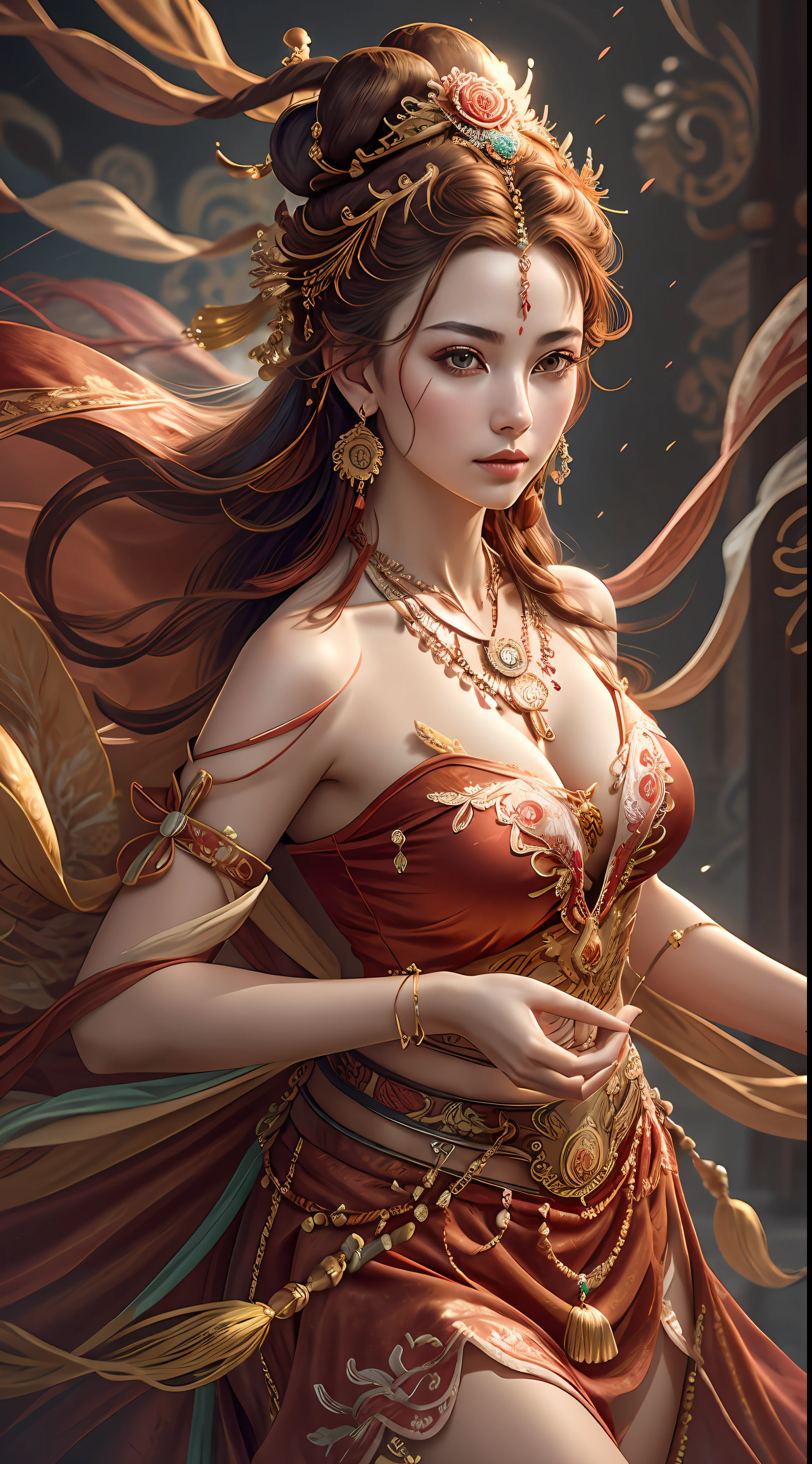 Best quality,masterpiece,ultra-detailed high res,(photorealistic:1.4),raw photo,,illustration,
1girl dancing,(solo:1.2),(cowboy shot:1.2),(hair crown:1.2),Traditional chinese dunhuang style clothes,Strapless,(red eyeliner:1.2),(big breasts:1.4), (v-neck:1.5), (big necklace:1.4), lace armour, earrings,dynamic angle,Opera House,messy_long_hair,ink,cinematic lighting,lens_flare,Velvet,chrysanthemum,Tassel,Ribbon,color embroidery,