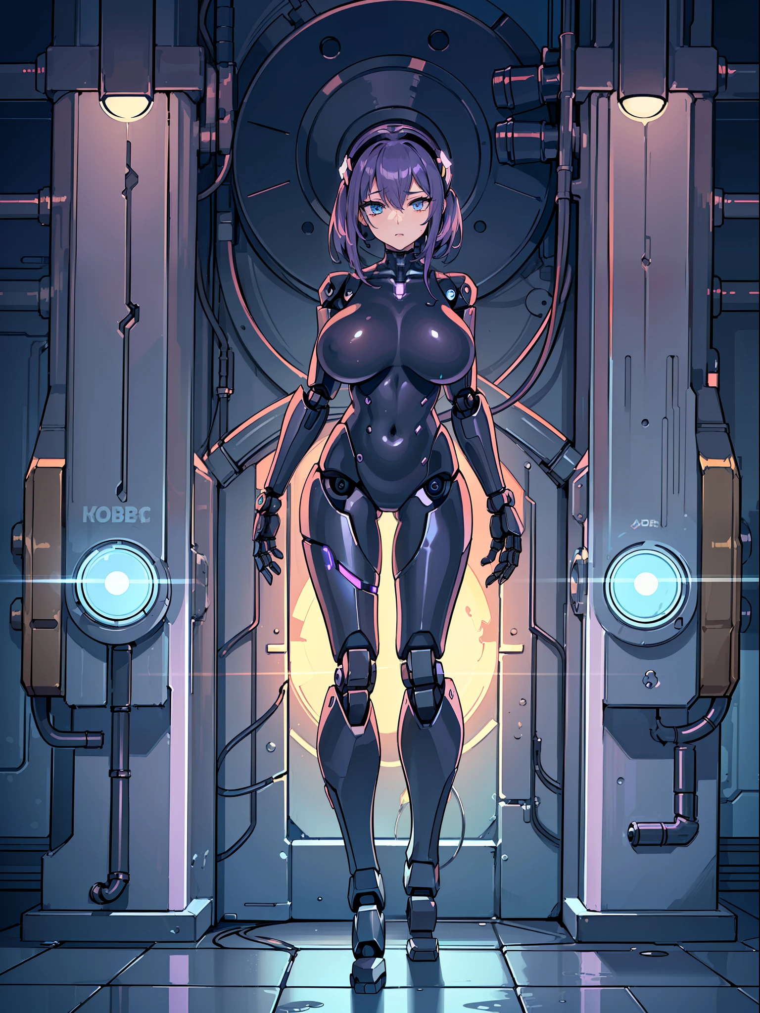 (full body photo+standing+looking at the viewer:2), (woman+Robo:1.8), (extremely large robotic breasts:2), (she is wearing black robotic suit with large mechanical gears:1.5), (she is inside an old sewer all destroyed:1.5), (she has purple hair:1.5), (blue eyes:1.5), (body+clothing+wet:1.8), (doing sensual pose+erotic pose+exhibitionist pose:1.5), (heavy breathing:1.5), (making face of having, anime, Eye-Level Shot, 16k, UHD, best quality, high details, masterpiece, anatomically correct