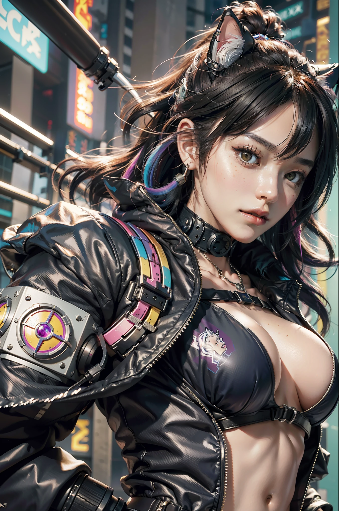 Beautiful photorealistic portrait photograph of beautiful nekomata catgirl wearing tech jacket and assorted cyberpunk clothing and paraphernalia, colorful cyberpunk hairstyle, huge breasts, dynamic pose, cyberpunk street background, perfect ratio proportions, abstract beauty, approaching perfection, pure form, concept art, by Brian Froud and Carne Griffiths and Wadim Kashin and John William Waterhouse, intricate details, 8k post production, high resolution, hyperdetailed, trending on artstation, sharp focus, studio photo, intricate details, highly detailed
