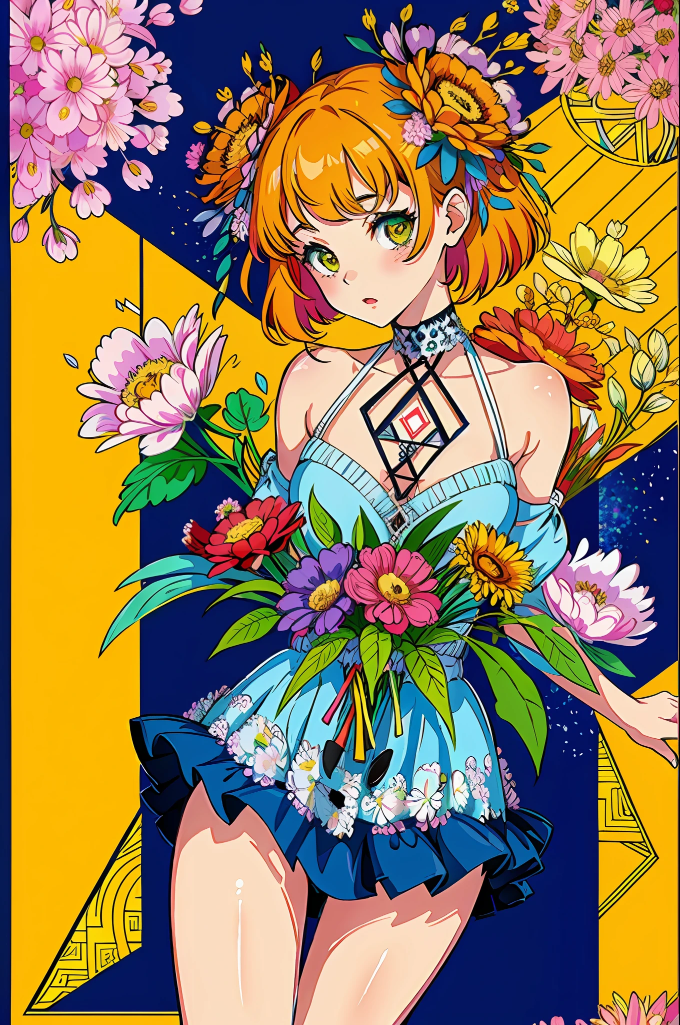 (ultra-detailed background, detailed background), absurdres, highres, ultra detailed, extremly detailed, 1girl, (bunch of flowers:1.3), (zentangle:1.2), (geometric:1.2),(colorful),