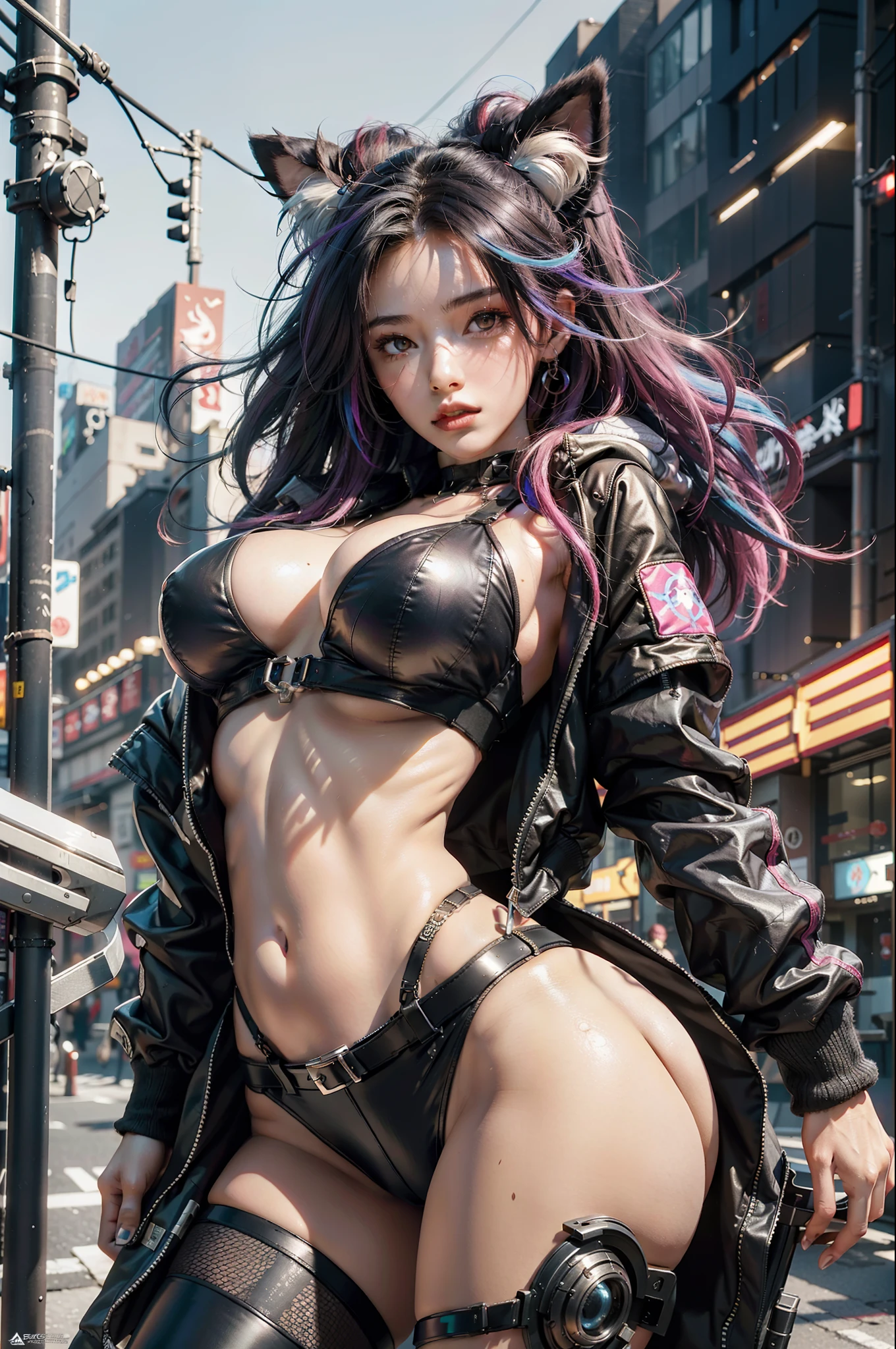 Beautiful photorealistic photograph of beautiful nekomata catgirl wearing tech jacket and assorted cyberpunk clothing and paraphernalia, colorful cyberpunk hairstyle, huge breasts, dynamic pose, cyberpunk street background, perfect ratio proportions, abstract beauty, approaching perfection, pure form, concept art, by Brian Froud and Carne Griffiths and Wadim Kashin and John William Waterhouse, intricate details, 8k post production, high resolution, hyperdetailed, trending on artstation, sharp focus, studio photo, intricate details, highly detailed