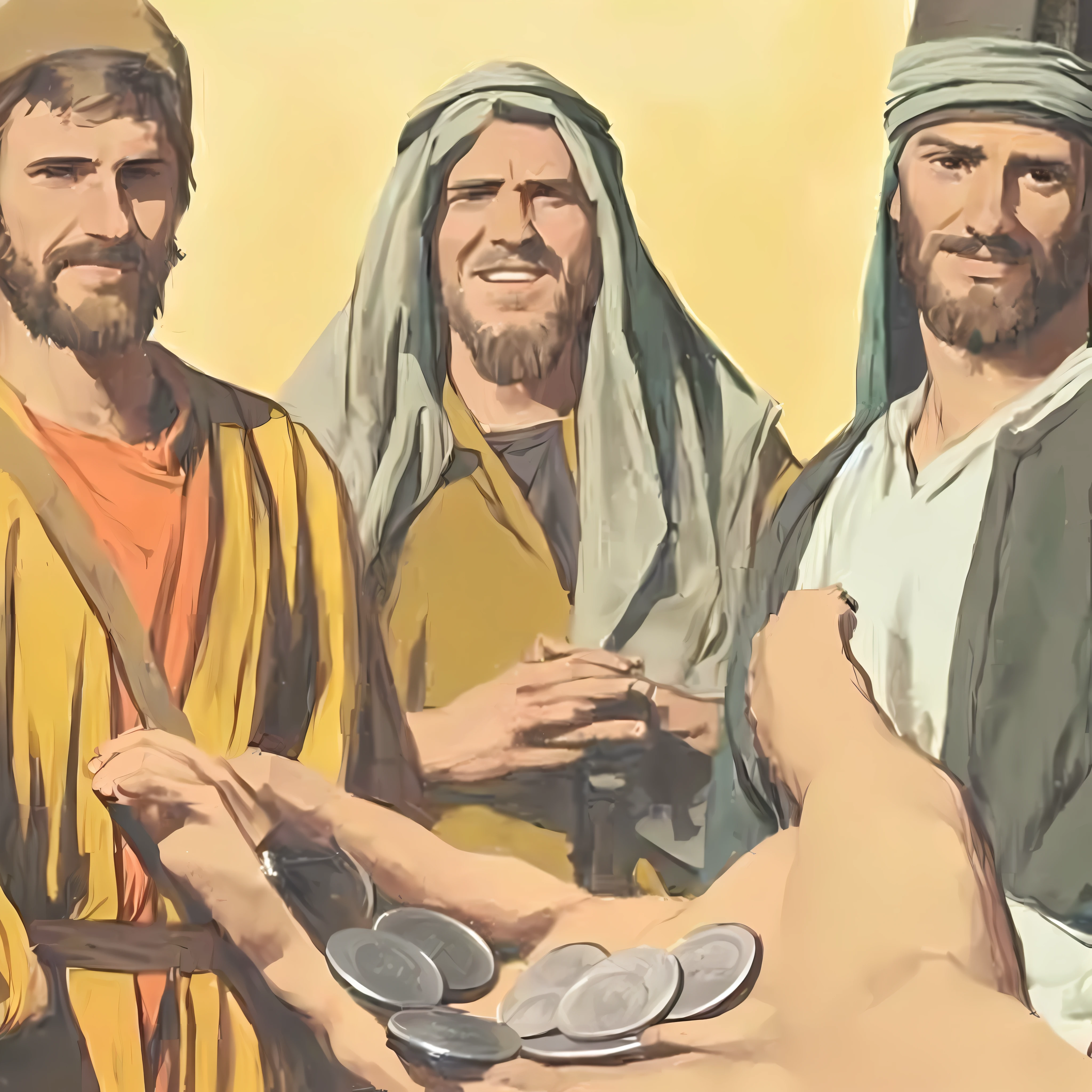a painting of three men standing next to each other holding coins, bible illustration, biblical art style, merchants, biblical image, generous, epic biblical depiction, biblical clothing, begging for alms, historical artistic depiction, wearing ragged clothing, biblical art, the three moiras, fleeing merchants, by Werner Tübke, biblical painting, illustratioin --auto --s2