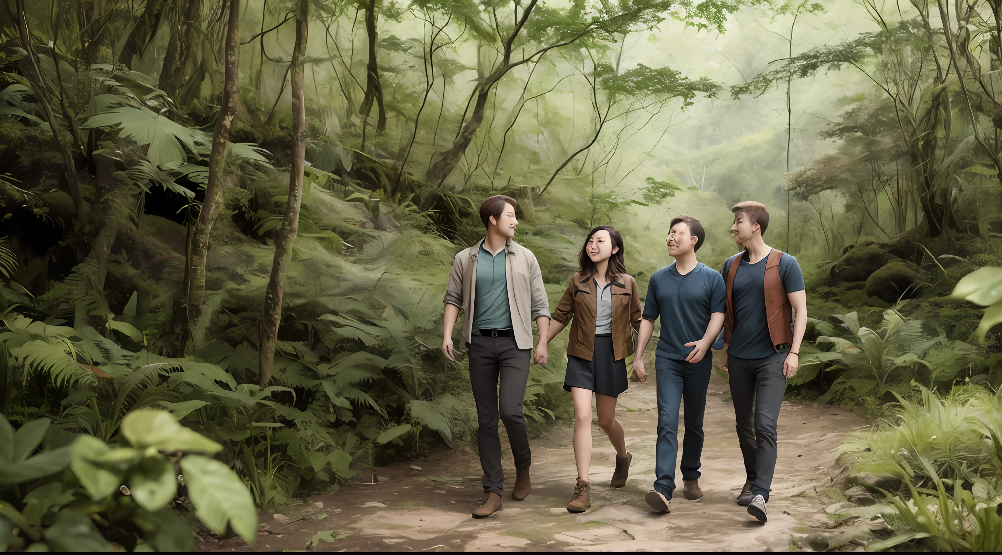 "High detail, color photo RAW:1.1, masterpiece, a stunning image of a group of adventurers traversing a dense and lush forest, a magnificent and engaging climate, impressively beautiful, [both sexes (1boy+1girl+2boy:0.8+0.9+0.9+1.1), leather armor, black+blonde+light brown hair:1.3, animated expression:1.2, actively walking, dense vegetation, magnificent natural scenery].