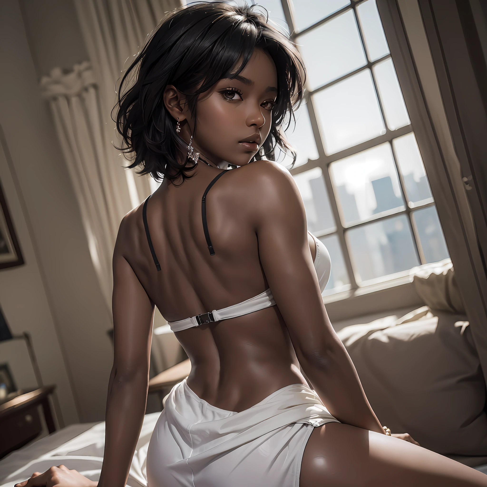 ((Best quality, 8k, Masterpiece, Ultra HD)), (((Black skin)))sitting on her back, bare back, bare shoulders, skirt, breasts, cleavage, sitting on bed, large window, waist marking, langerie, ((seen from back)), black hair, short hair, silver jewelry,