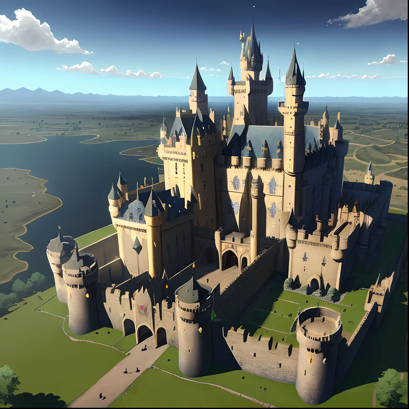 A large medieval kingdom with a castle and with 8 large towers around, hyperrealistic.