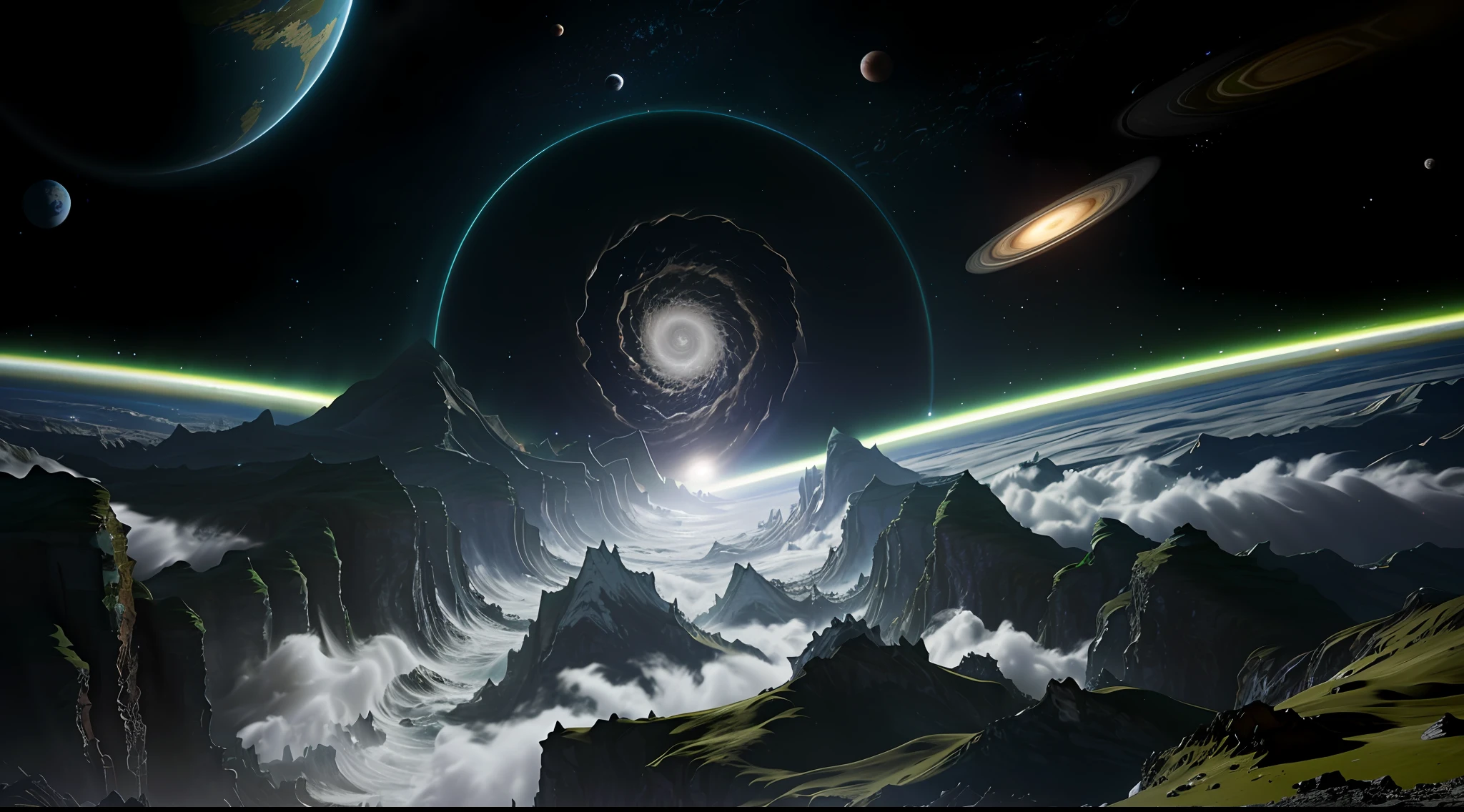 The illustration depicts a catastrophic collision between the planets Xentaris, Astravelum and Umbra on the planet of Elysia. The sky is filled with twinkling stars, while the planet of Elysia stretches below.
In the center of the image, the three planets approach each other on an inevitable collision course. Xentaris, with its exuberance and pulsating energy, Astravélum, with its medieval aesthetic and harmony between nature and technology, and Umbra, with its mysterious atmosphere and fascinating landscapes, are captured in a moment of imminent destruction.
The impact creates a shock wave that spreads through Elysia's space and atmosphere. Bursts of energy, debris and turbulent currents tear through the sky, filling it with a spectacle of intense and dramatic colors. Seismic ripples shake the ground, lifting mountains, opening fissures and triggering tsunamis in the oceans.
Despite the impending doom, elements of Elysia's characteristic beauty persist in the illustration. It is still possible to see the exuberance of the forests, the grandeur of the mountains and the brilliant waters of the oceans, but now everything is shrouded in the violence of the cataclysm.
This illustration depicts the collision of these unique planets into the harmonious environment of Elysia, evoking a mixture of beauty, chaos, and the inevitable cycle of cosmic change.