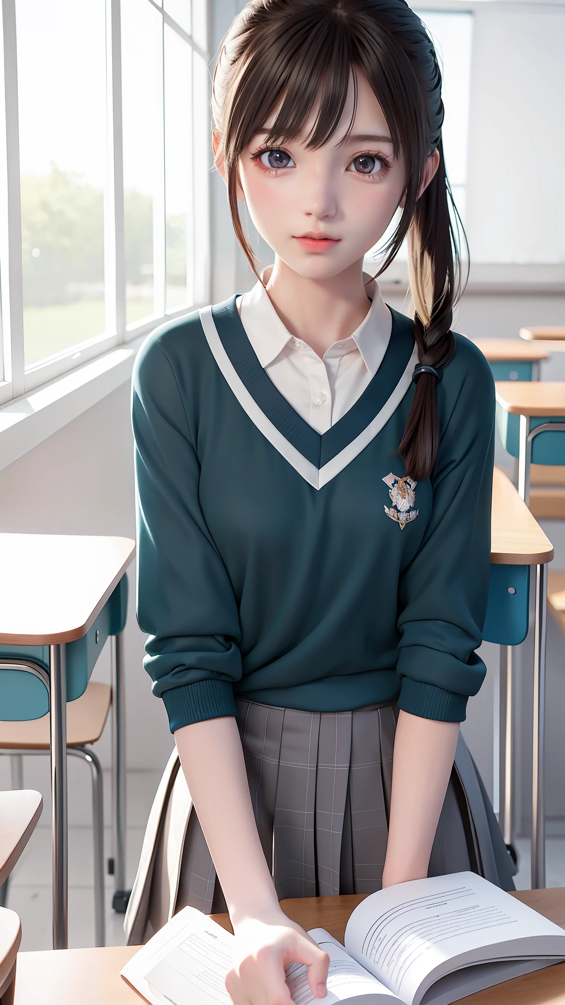 (Wearing a school uniform + young anime girl + cute girl + beautiful + high school girl: 1.2 + realistic female student: 0.9+ surreal female student: 1.2+ anime visual: 1.1+ smooth CG art + realistic: 1.1 + 3D style + girl sitting on a table + holding a book)