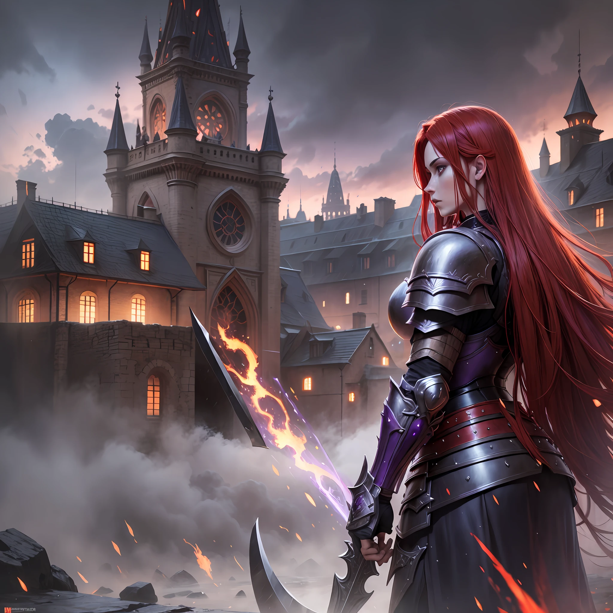 red hair, purple armor, light bearer warriors, medieval city, dark, battle, epic, war, surrealism, 8k, super detail, war, battle, darkness, horror, rain