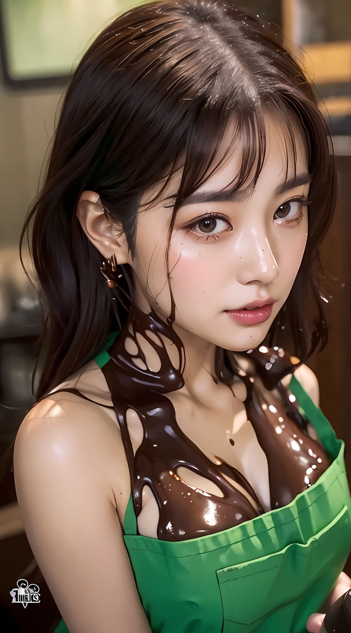 there is a woman in a green apron holding a cup, mysterious coffee shop girl, realistic shaded perfect body, [ 4 k digital art ]!!, seductive Asian girl, photorealistic perfect body, hot coffee, beautiful alluring anime woman, in a coffee shop, with a drink, thicc, realistic, liquid chocolate splash, chocolate drips on skin and nose, falling chocolate from above, brown liquid drips, Chocolate shower, brown liquid splashes, Oily skin, ((seductive:1.5)), chocolate waterfall, chocolate pouring onto her hair and shoulders, smothered in liquid, covered with brown goo, made of smooth brown goo, dripping on her skin, brown slime, black hair, detailed, (chocolate pouring in background)+ shiny skin, ((chocolate pouring down)), yellow oil sludge, covered in oozing brown goo, chocolate river, made of smooth brown goo, dark chocolate paint, chocolate sauce, covered with pudding