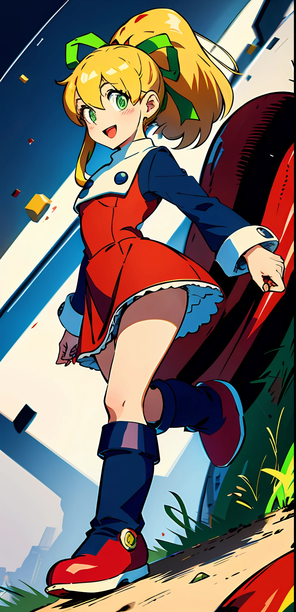 masterpiece, high quality, megamanroll, 1girl, solo, green eyes, blonde hair, ponytail, ribbon, open mouth, boots, dress, smile, long hair, knee boots, red dress, hair ribbon, red footwear, long sleeves, red skirt, :d, green ribbon, looking at viewer, sidelocks, skirt, boots, futuristic city, robot behind,