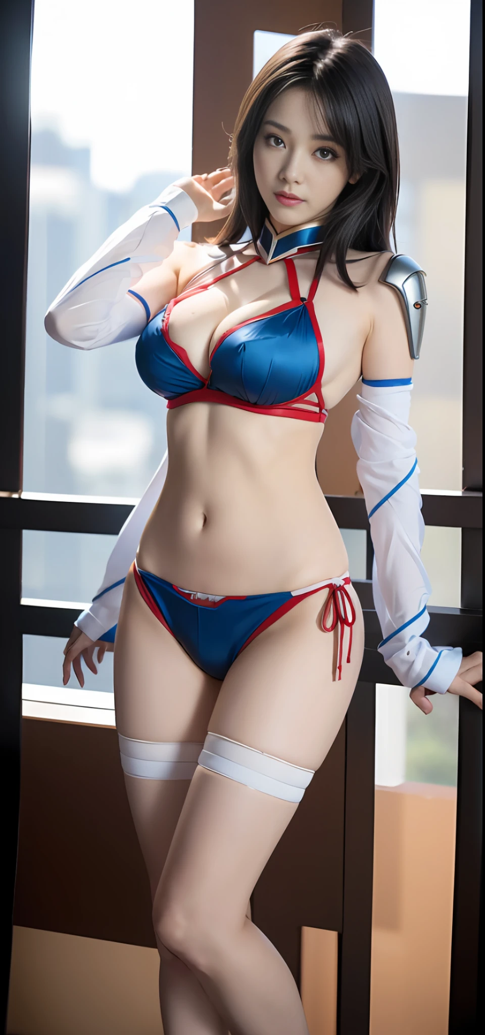 Gundam (RX78\), Ultra High Definition, Best Quality, Photography, 4K, (Photorealistic: 1.4), 1 Girl, Solo, (Full Body: 1.1), Black Hair, (Natural Smile), ( Beautiful Girl), (Small Face Slim), (H Cup Big) Beautiful Face, Beautiful Eyes, (Cleavage Exposed), (Navel Exposed), (Arm Exposed), (Thighs Exposed) (White, Blue, Red, Color bikini type mecha armor)(Gundam style sexy cosplay), (at the disaster prevention park cosplay venue outside Makuhari Messe), mecha armor, depth of field, motion line, perky breasts, bra lift, breast slip, full body, standing, photorealistic, (turned towards viewer: 1.2), beautiful detailed body and face, Sakimi-chan HDRI, Amorance, Beautiful detailed orixa, chiaki Nanami, afrofuturistic, , 150 mm, beautiful studio soft light, rim light, vivid detail,hyperrealistic, anatomical, facial muscle, microchip, elegant, beautiful background, octane rendering, 8k, best quality, masterpiece, illustration, very delicate and beautiful, highly detailed cg ,unity,wallpaper, (Realistic, Photorealistic:1.37), amazing, fine details, masterpiece, best quality, official art, highly detailed CG Unity 8k wallpaper, absurd, incredibly absurd, gundam style sexy cosplay, full body,