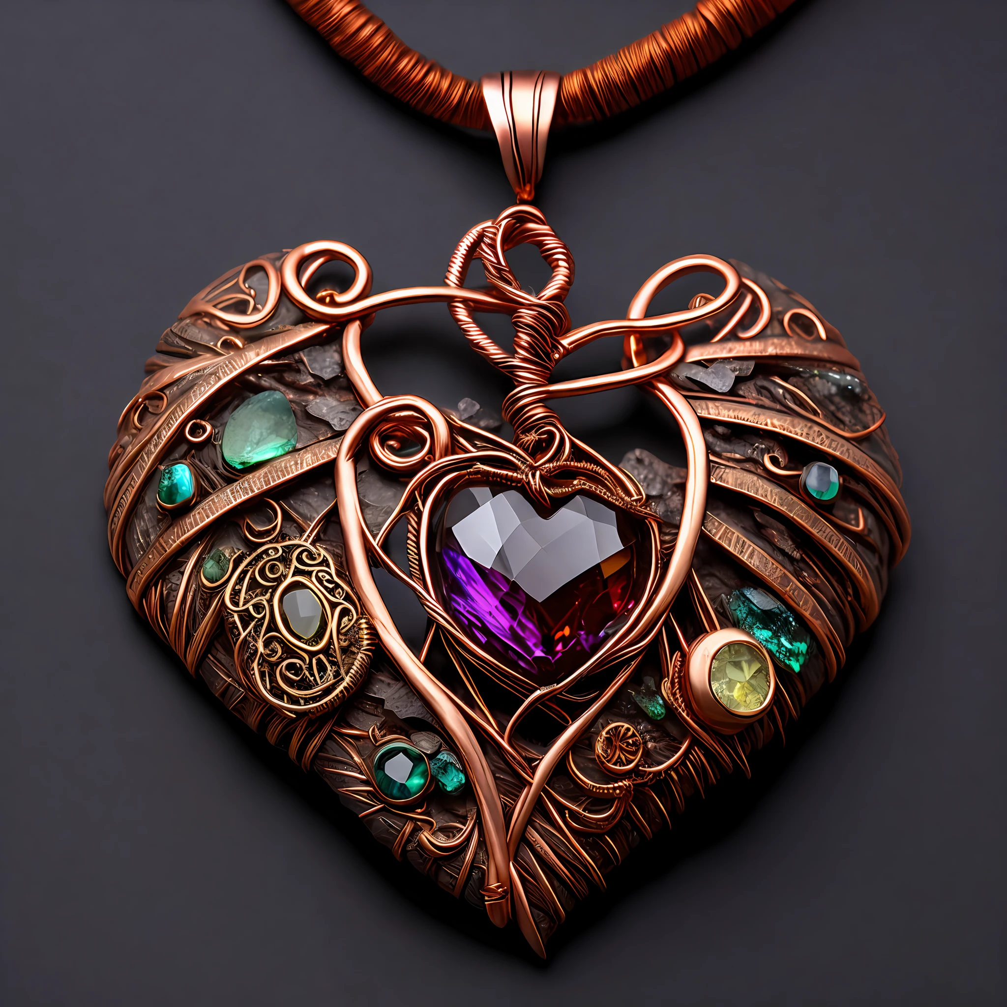 copper wire wrapped pendant, complex shape with corners, wings, heart, drop, wire jewelry design, large bright gemstone, forged copper elements, intricate copper wire elements, natural design, combination of forged and twisted copper elements, complex jewelry with precious bright stones, with complex pattern, steampunk elements, steampunk details, wire wrapping technique,  creativity, complex jewelry design, like catalog photography, professional photo quality, professional lighting, on a black velvet background, interesting jewelry design, a combination of wicker elements with flat treacherous elements, large gemstone, top view, [top view], black velvet background