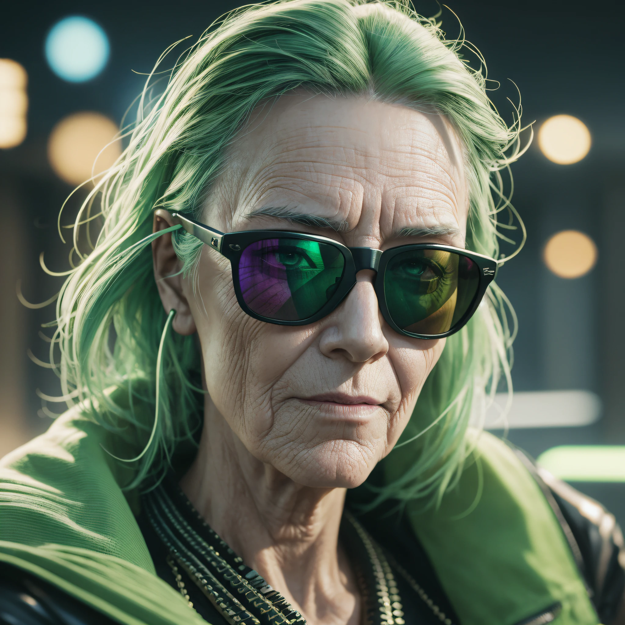 Cyberpunk Grandma Realistic Portrait, Natural Skin, Light Facial, Sunglasses, Green Gradient Colors, Ambient Lighting, Super Detailed, Realistic Details, 8K, 3D, Octane --auto --s2