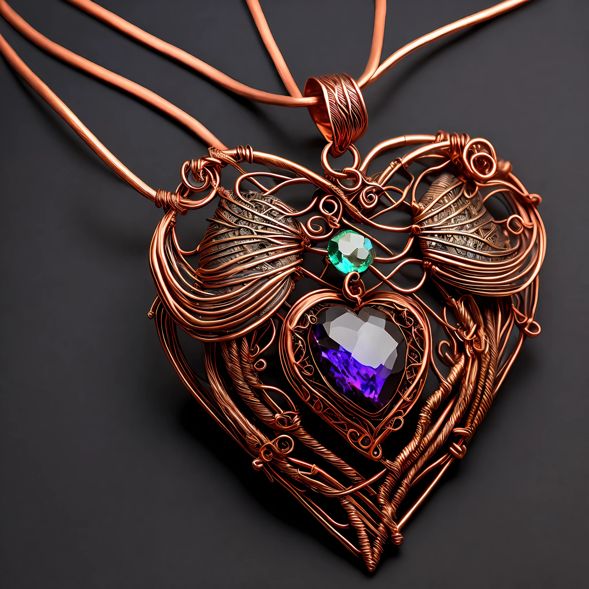 copper wire wrapped pendant, complex shape with corners, wings, heart, drop, wire jewelry design, large bright gemstone, forged copper elements, intricate copper wire elements, natural design, combination of forged and twisted copper elements, complex jewelry with precious bright stones, with complex pattern, steampunk elements, steampunk details, wire wrapping technique,  creativity, complex jewelry design, like catalog photography, professional photo quality, professional lighting, on a black velvet background, interesting jewelry design, a combination of wicker elements with flat treacherous elements, large gemstone, top view, [top view], black velvet background