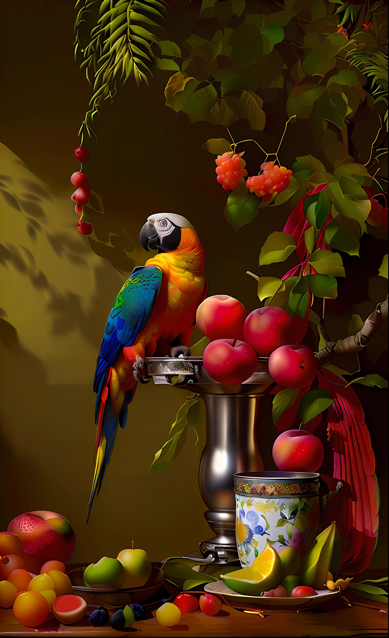 there is a parrot sitting on a branch next to a bowl of fruit, colorful hd picure, detailed painting 4 k, fruit and feathers, beautiful art uhd 4 k, 4k highly detailed digital art, amazing wallpaper, parrot, beautiful wallpaper, high quality wallpaper, 8k high quality detailed art, hd digital painting, beautiful digital artwork, digital painting highly detailed
