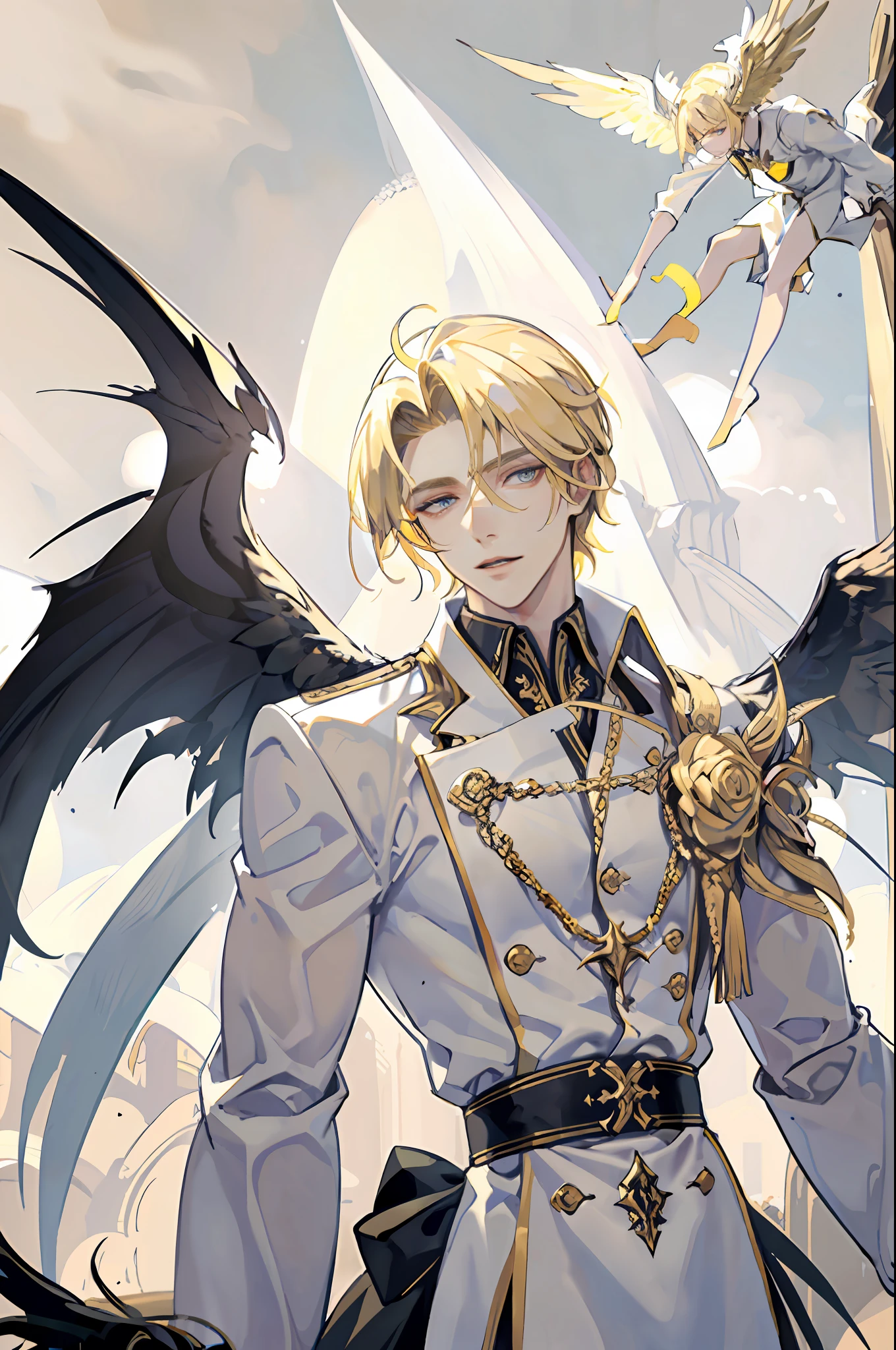 ((masterpiece, best quality)), 1guy, fallen angel Lucifer, very handsome, blonde and medium hair, thin, huge and beautiful wings on the back, in white clothes, evil expression, looking at the viewer, golden clouds in the background