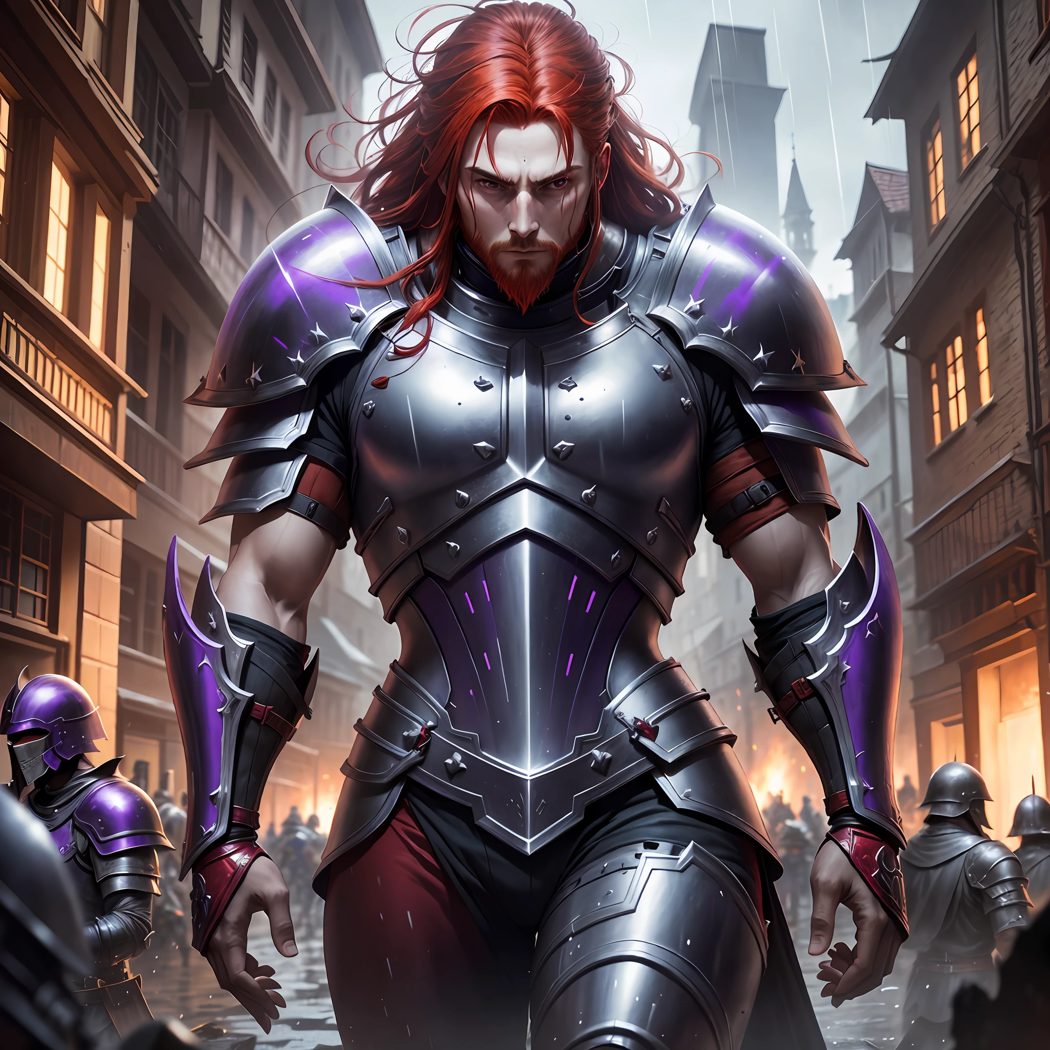 red hair, purple armor, light bearer warriors, medieval city, dark, battle, epic, war, surrealism, 8k, super detail, war, battle, darkness, horror, rain