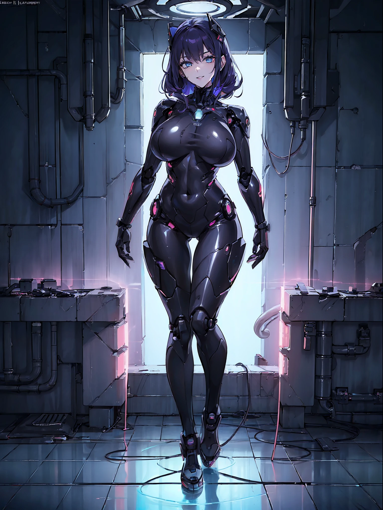 (full body photo:2), woman+Robo, extremely large robotic breasts, doing sensual pose, she is wearing a black robotic suit with large mechanical gears, she is inside an old sewer all destroyed, she has purple hair+blue eyes, body+clothing+wet, smiling+flushed face, anime, Eye-Level Shot, 16k, UHD, best quality, high details, masterpiece, anatomically correct
