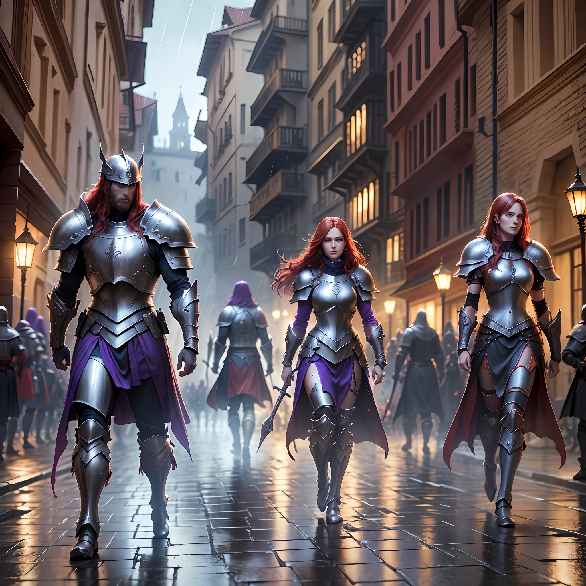 red hair, purple armor, light bearer warriors, medieval city, dark, battle, epic, war, surrealism, 8k, super detail, war, battle, darkness, horror, rain