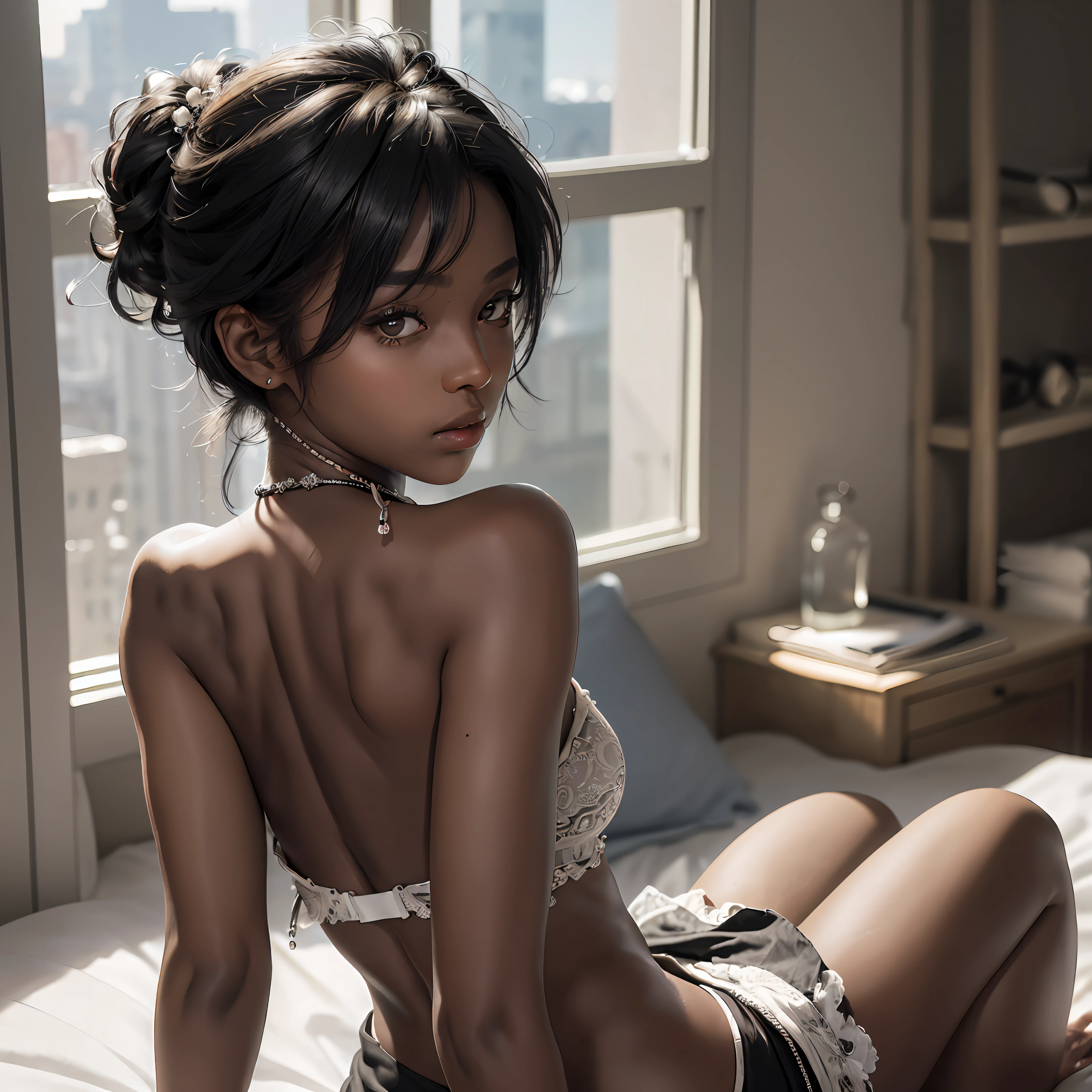 ((Best quality, 8k, Masterpiece, Ultra HD)), (((Black skin)))sitting on her back, bare back, bare shoulders, skirt, breasts, cleavage, sitting on the bed, large window, waist marking, up ass, langerie, ((seen from back)), black hair, short hair, silver jewelry,