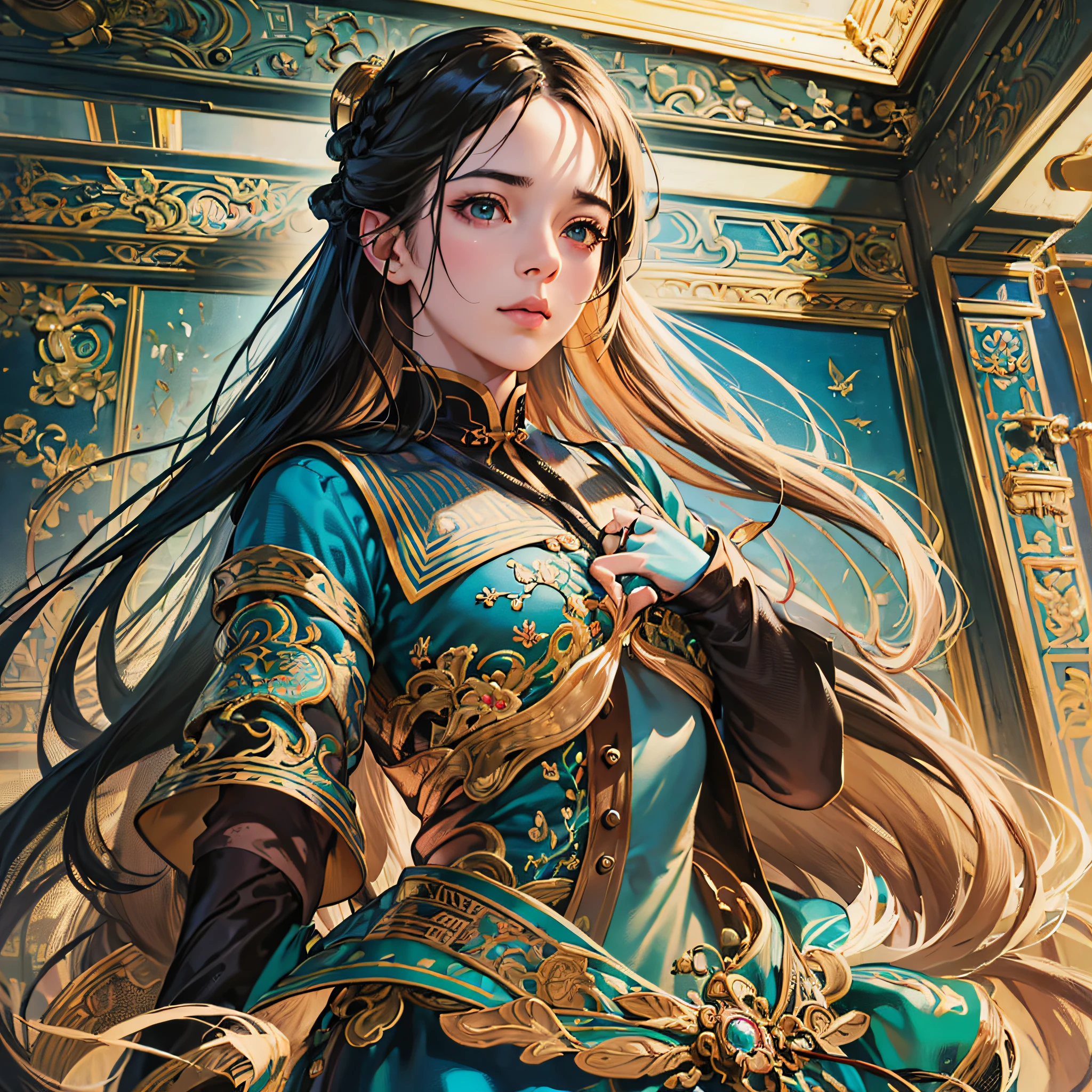 (RAW photo, best quality), (realistic, photo-realistic:1.3),best quality,highly detailed,masterpiece,ultra-detailed,illustration,1girl,upper_body,dynamic angle,world masterpiece theater,messy_long_hair,best quality,extremely detailed CG unity 8k wallpaper,ink,Amazing,cinematic lighting,lens_flare, dunhuang_style --auto --s2