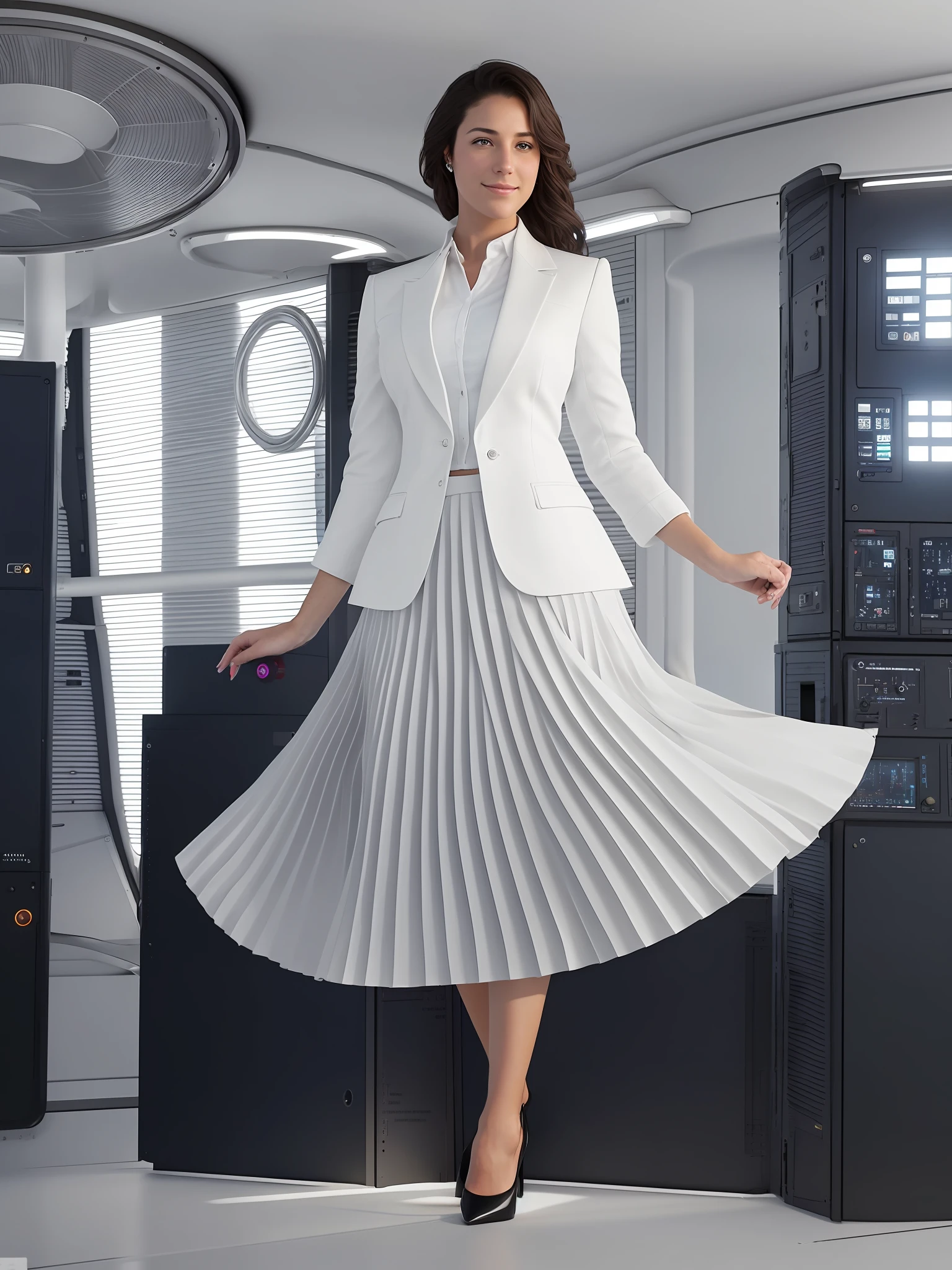 a therapist is dancing in her skirt (in a flirting manner:1.3) while in a space station, (shy) authentic (kind and tender) lesbian woman wearing a short blazer with a very very detailed (long (fully pleated) full circle skirt) and (simple) low heeled office shoes, very very intricate hyper-detailed symmetric (attractive graceful young feminine face) with (sad, tired) eyes and a (flirty smile), full of empathy and compassion and love, (pronounced feminine features:1,3), extremely freckled skin and very long dark hair, big boobs, large breasts, shirtless, topless, (highly detailed ultra accurate realistic) hands and fingers, ((windy conditions and wind blowing)), epic composition, highly detailed attributes, highly detailed atmosphere, detailed background, intricate, Exquisite details and textures, highly detailed, deep space station secret operations active background,