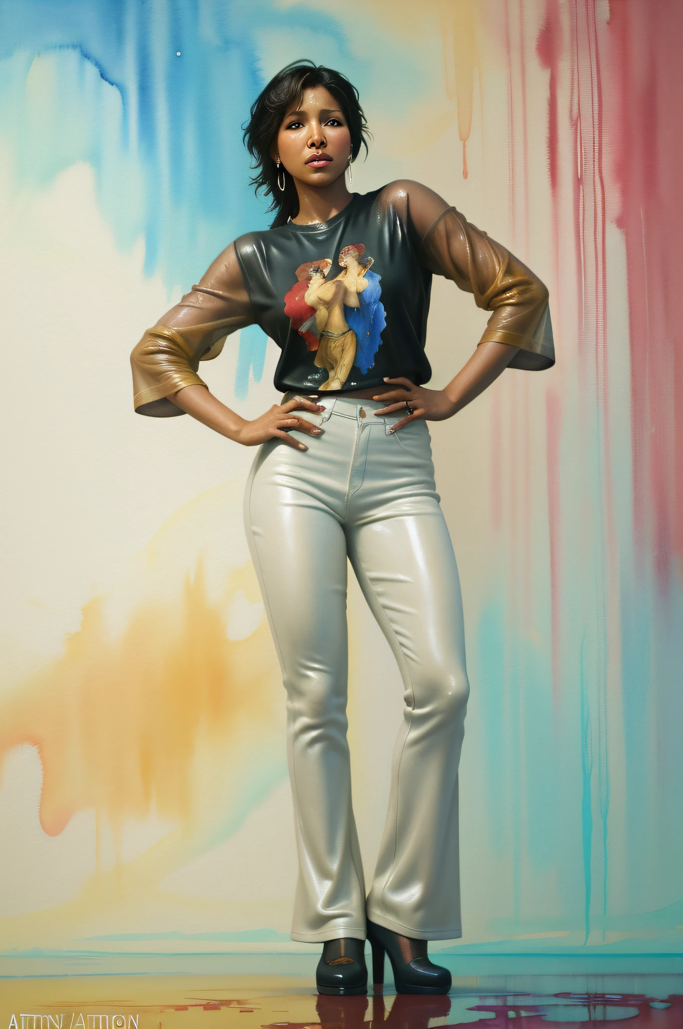 Toni Braxton crying tears rolling on her face in a standing pose, artist studio, by artgerm and Edouard Bisson, highly detailed, art by Stanley Artgerm, Charlie Bowater, Atey Ghailan and Mike Mignola, by greg rutkowski, oil painting, heavy strokes, paint dripping, kids story book style, muted colors, watercolor style