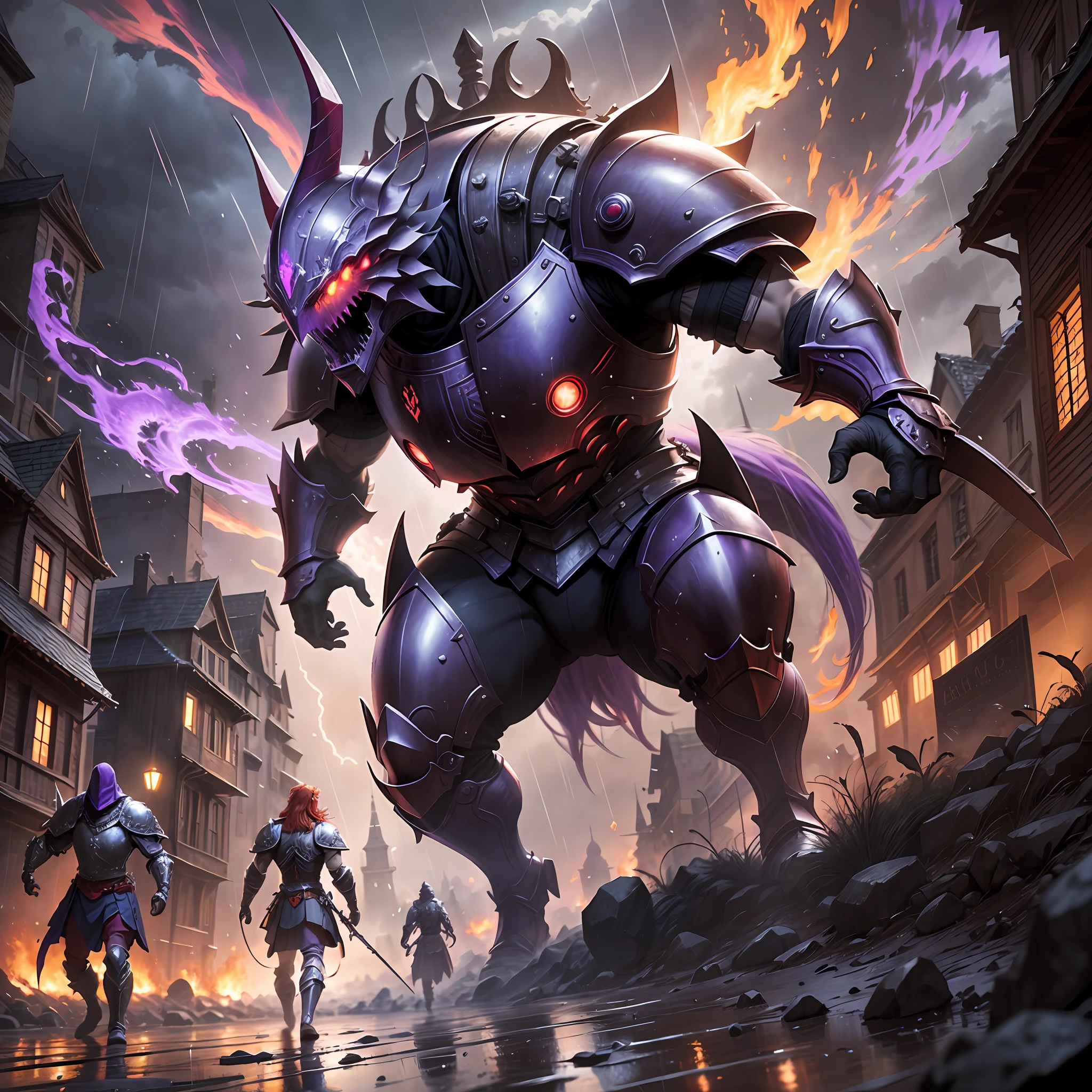 red hair, purple armor, light bearer warriors, medieval city, dark, battle, epic, war, surrealism, 8k, super detail, war, battle, darkness, horror, rain, giant monsters, battle, city burning