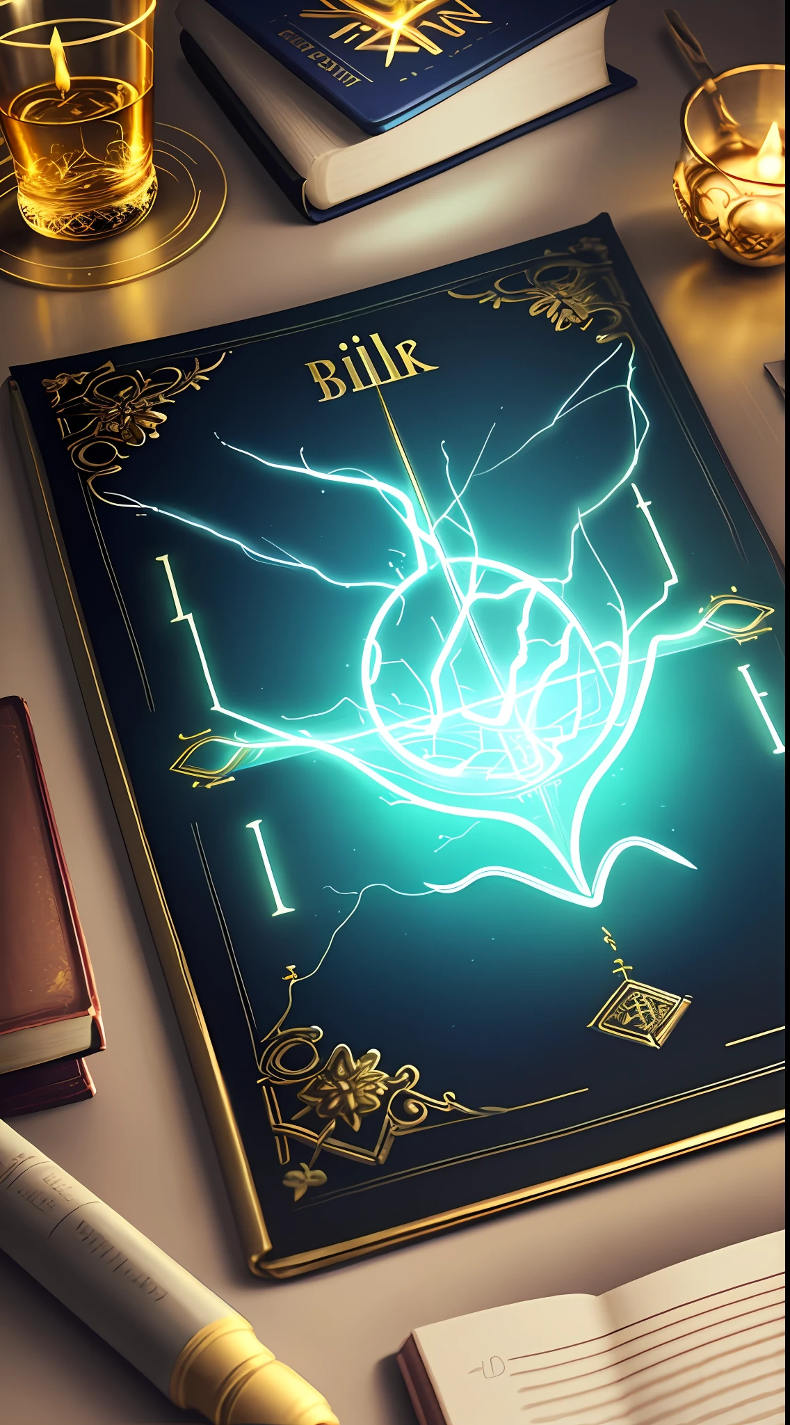 Create a beautiful Christian Bible, golden letters, ne a glass table with neon lights, coming out power of bible lights like blue lightning, high quality images, ultra realistic details, illustration style.