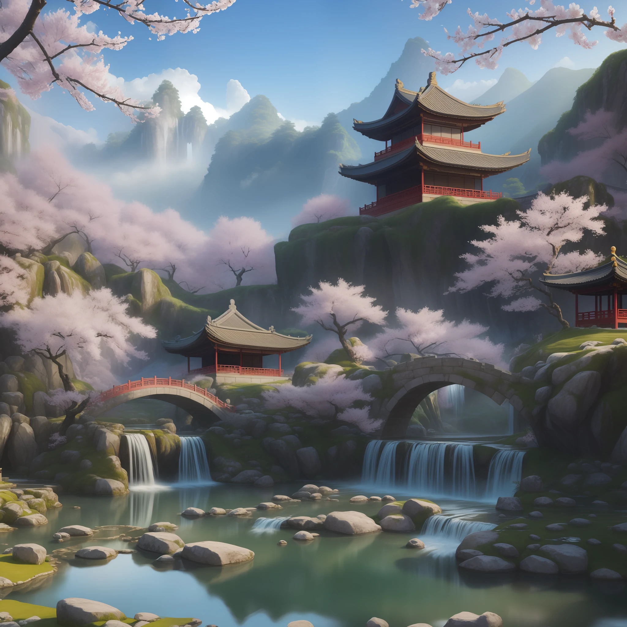 Ancient Chinese architecture, winter, plum blossoms, bamboo, lake, stone bridge, rockery, arch, corner, tree, tap water, landscape, waterfall, meadow, rock, water lily, hot springs, water vapor, (illustration: 1.0), epic composition, realistic lighting, high-definition details, masterpiece, best quality, (very detailed CG unified 8k wallpaper)