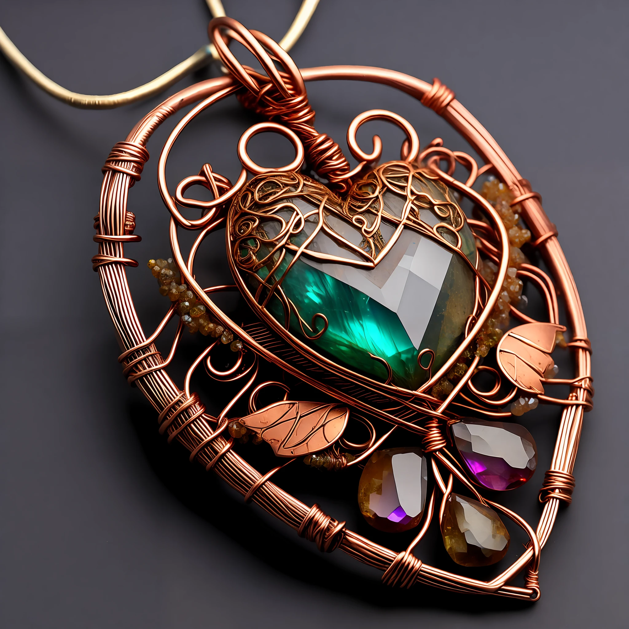 copper wire wrapped pendant, complex shape with corners, wire wings, wire heart, wire drop, wire jewelry design, large bright gemstone, beautiful large colored stones, forged copper elements, flat copper elements, intricate copper elements, natural design, combination of forged and twisted copper elements, complex jewelry with precious bright stones,  with intricate pattern, steampunk elements, steampunk details, wire wrapping technique, creativity, complex jewelry design, like catalog photography, professional photography quality, professional lighting, on a black velvet background, interesting jewelry design, a combination of wicker elements with flat treacherous elements, large gemstone, top view, [top view], black velvet background