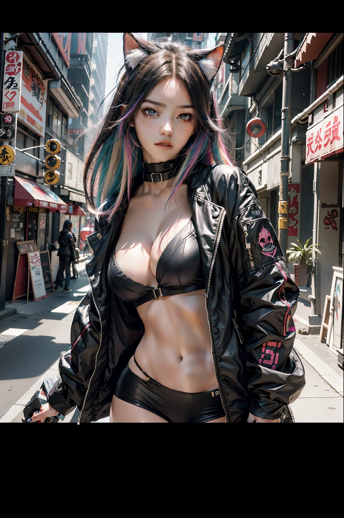 Beautiful photorealistic photograph of beautiful nekomata catgirl wearing tech jacket and assorted cyberpunk clothing and paraphernalia, colorful cyberpunk hairstyle, huge breasts, dynamic pose, cyberpunk street background, perfect ratio proportions, abstract beauty, approaching perfection, pure form, concept art, by Brian Froud and Carne Griffiths and Wadim Kashin and John William Waterhouse, intricate details, 8k post production, high resolution, hyperdetailed, trending on artstation, sharp focus, studio photo, intricate details, highly detailed