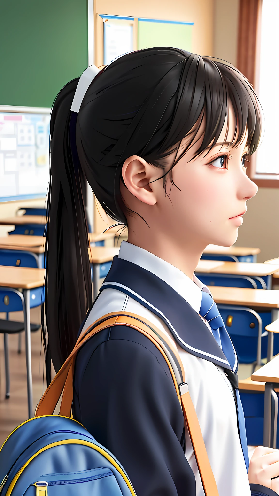 there is a girl with a backpack in a classroom, a hyperrealistic schoolgirl, hyperrealistic schoolgirl, smooth anime cg art, beautiful anime high school girl, realistic schoolgirl, realistic anime 3 d style, photorealistic anime, realistic anime artstyle, makoto shinkai. digital render, photorealistic anime girl render, anime realism style, profile of anime girl