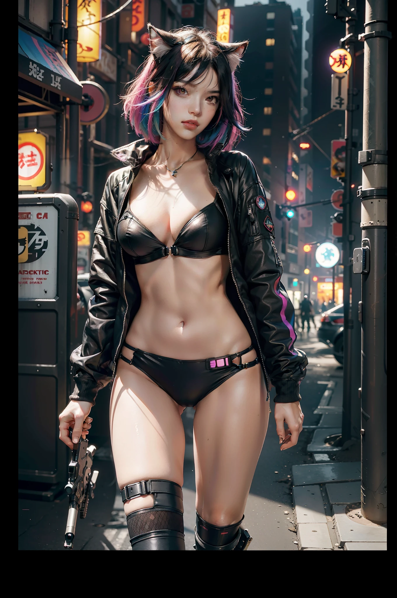 Beautiful photorealistic photograph of beautiful nekomata catgirl wearing tech jacket and assorted cyberpunk clothing and paraphernalia, colorful cyberpunk hairstyle, huge breasts, dynamic pose, cyberpunk street background, perfect ratio proportions, abstract beauty, approaching perfection, pure form, concept art, by Brian Froud and Carne Griffiths and Wadim Kashin and John William Waterhouse, intricate details, 8k post production, high resolution, hyperdetailed, trending on artstation, sharp focus, studio photo, intricate details, highly detailed